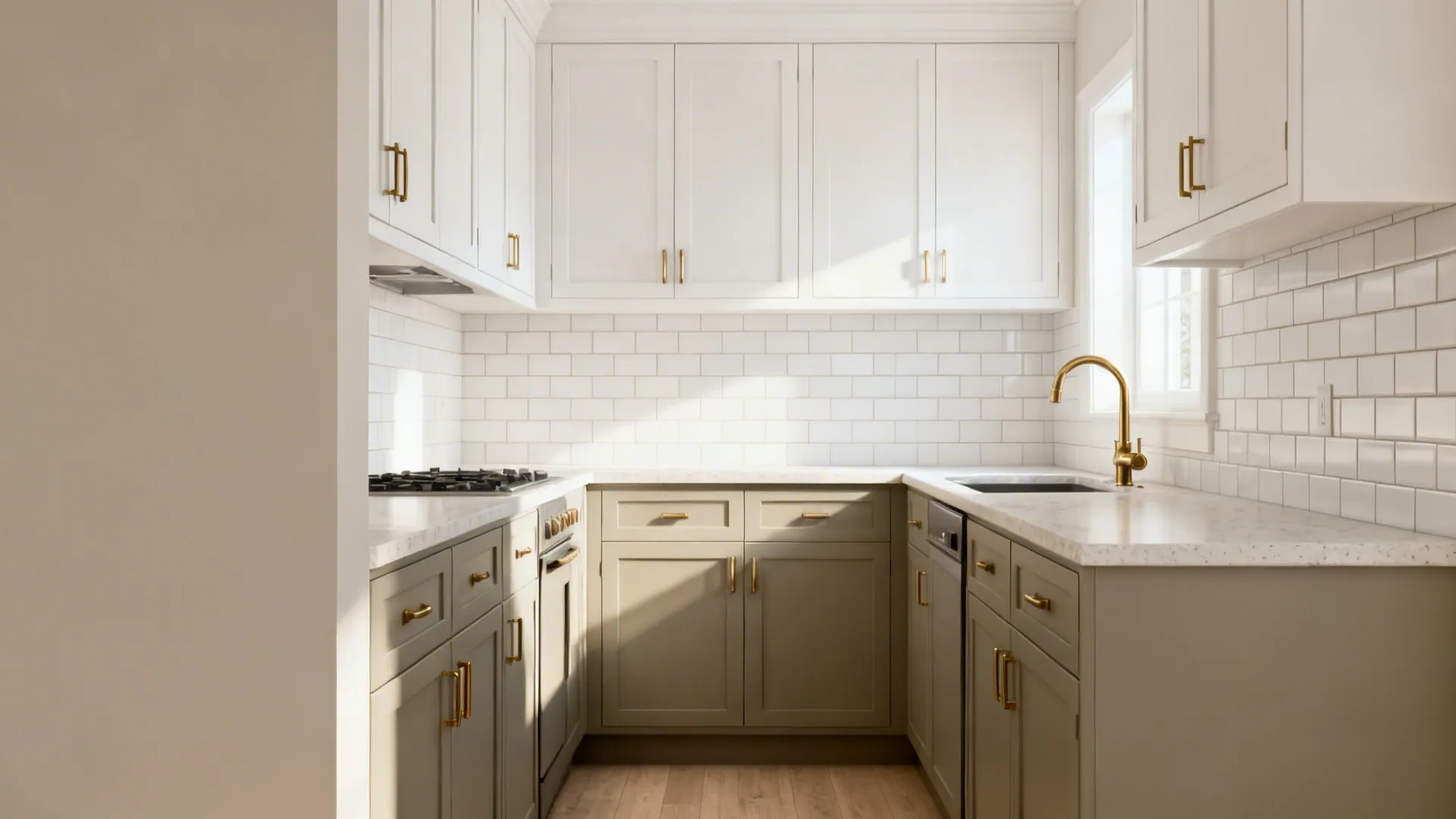 White and grey kitchen with gold handles white tiles gold faucet and light wood floor