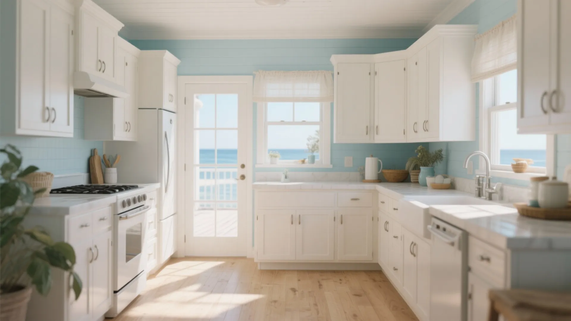 Bright beach house kitchen with white cabinets light blue walls wooden floor and ocean view