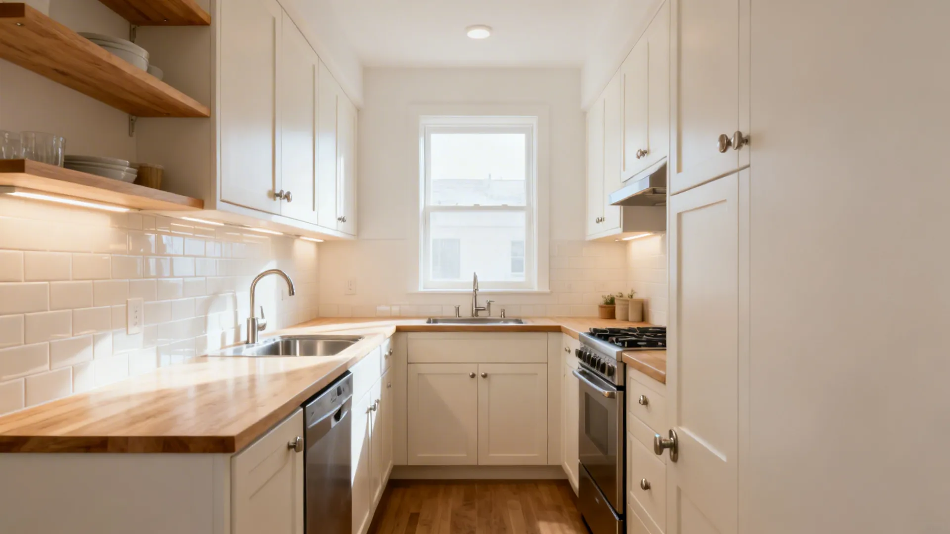 Creamy warm white walls in a compact kitchen with oak shelves and brushed metal.