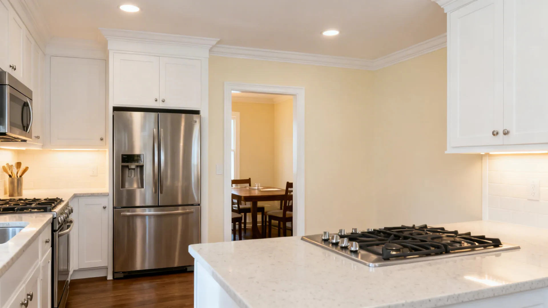 Kitchen with warm white and tinted cream walls that soften daylight and LED lighting.