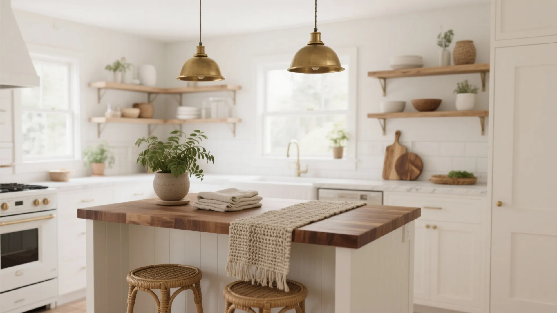 White kitchen with wood island top gold ceiling lights woven stools and open wall shelves