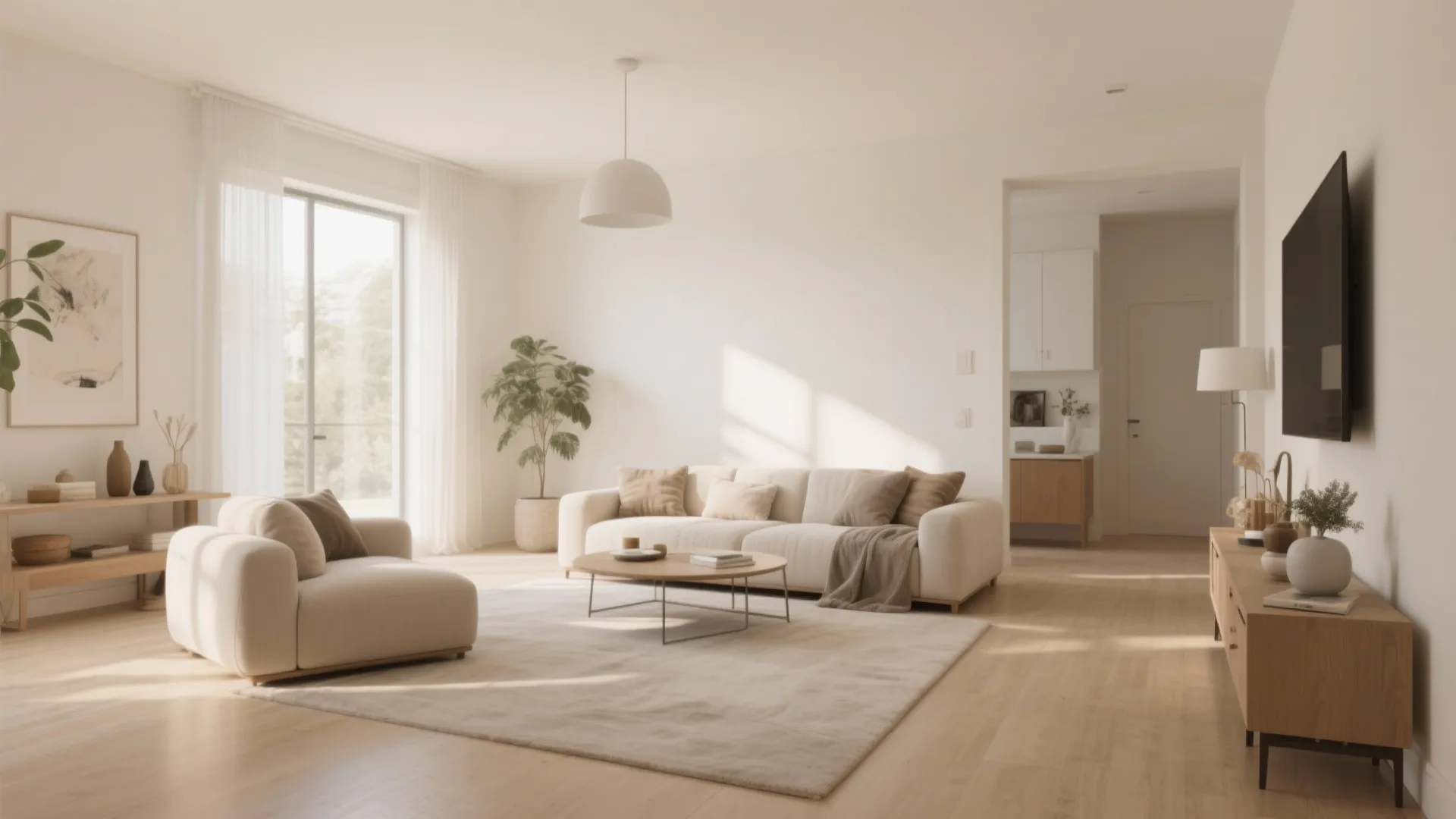 Bright living room with warm white walls and beige undertones