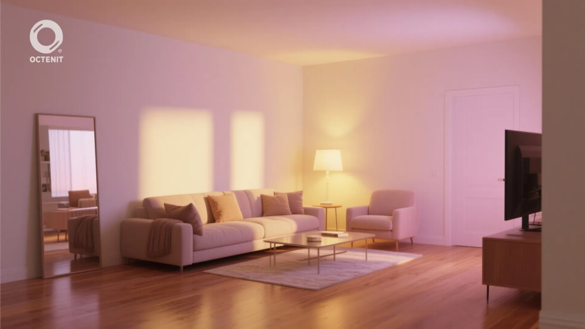 Cozy living room with warm off-white walls, soft lighting and textured fabrics.