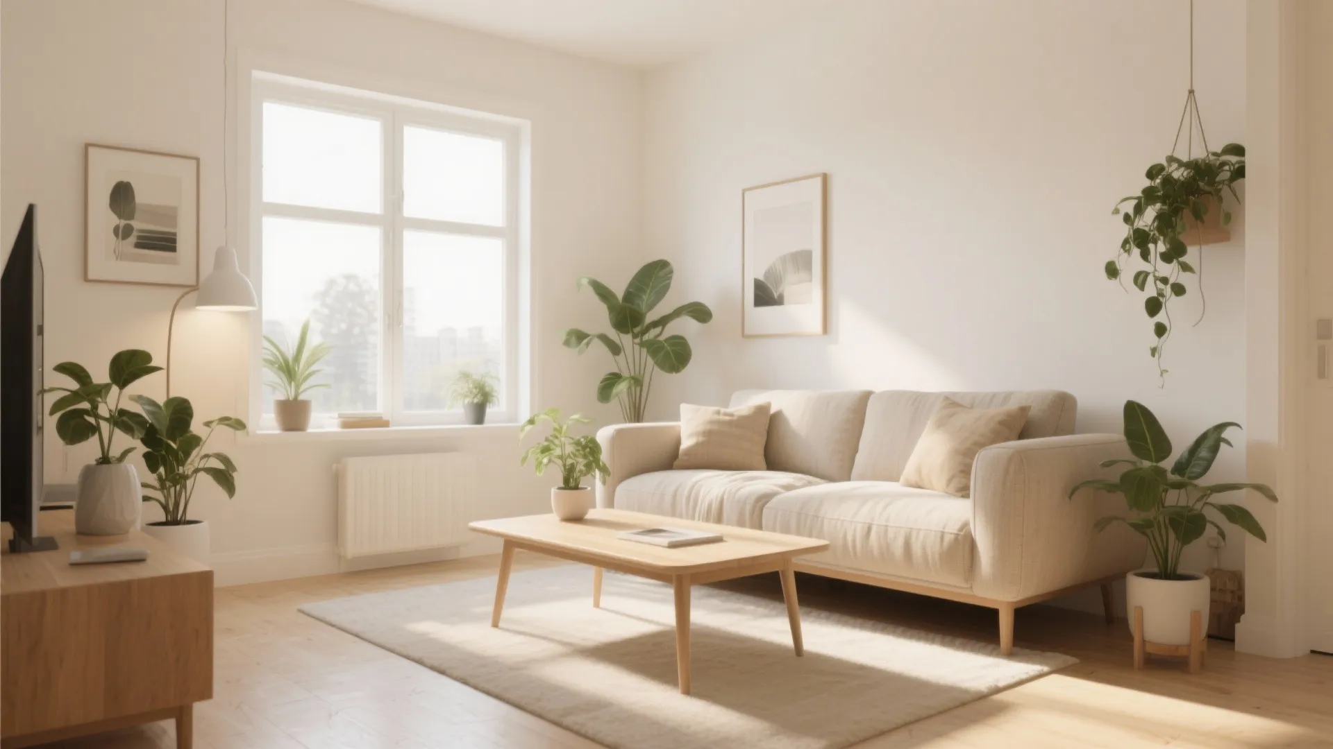 Warm white painted living room with natural fabrics and plants