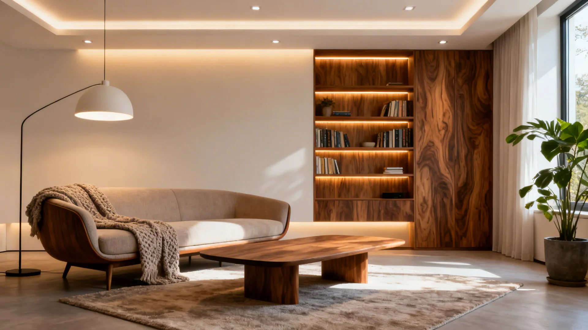 Modern living room with sofa wooden coffee table floor lamp and built in lighted cabinet
