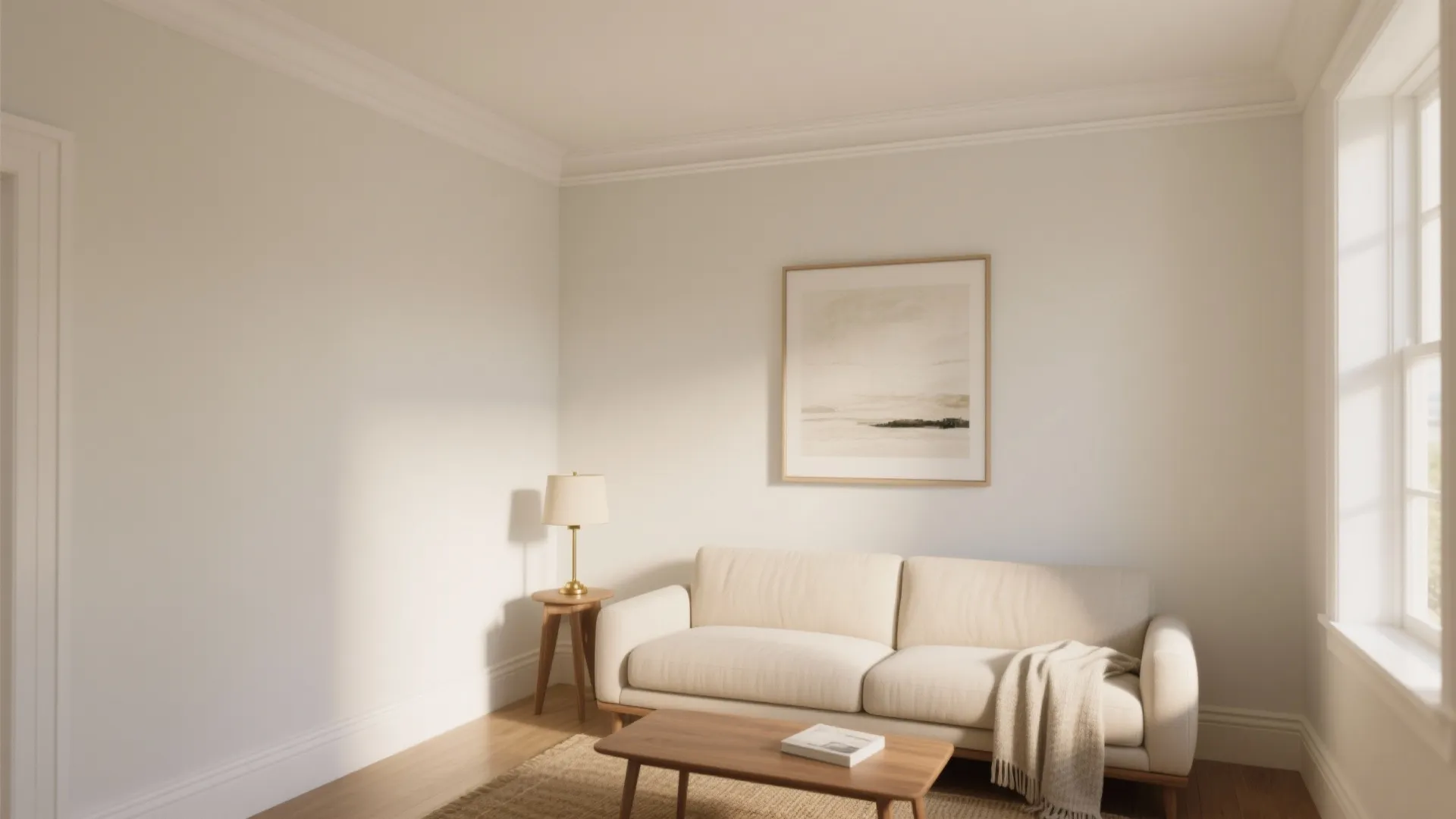 Minimalist living room with beige sofa wood coffee table framed wall art and natural window light