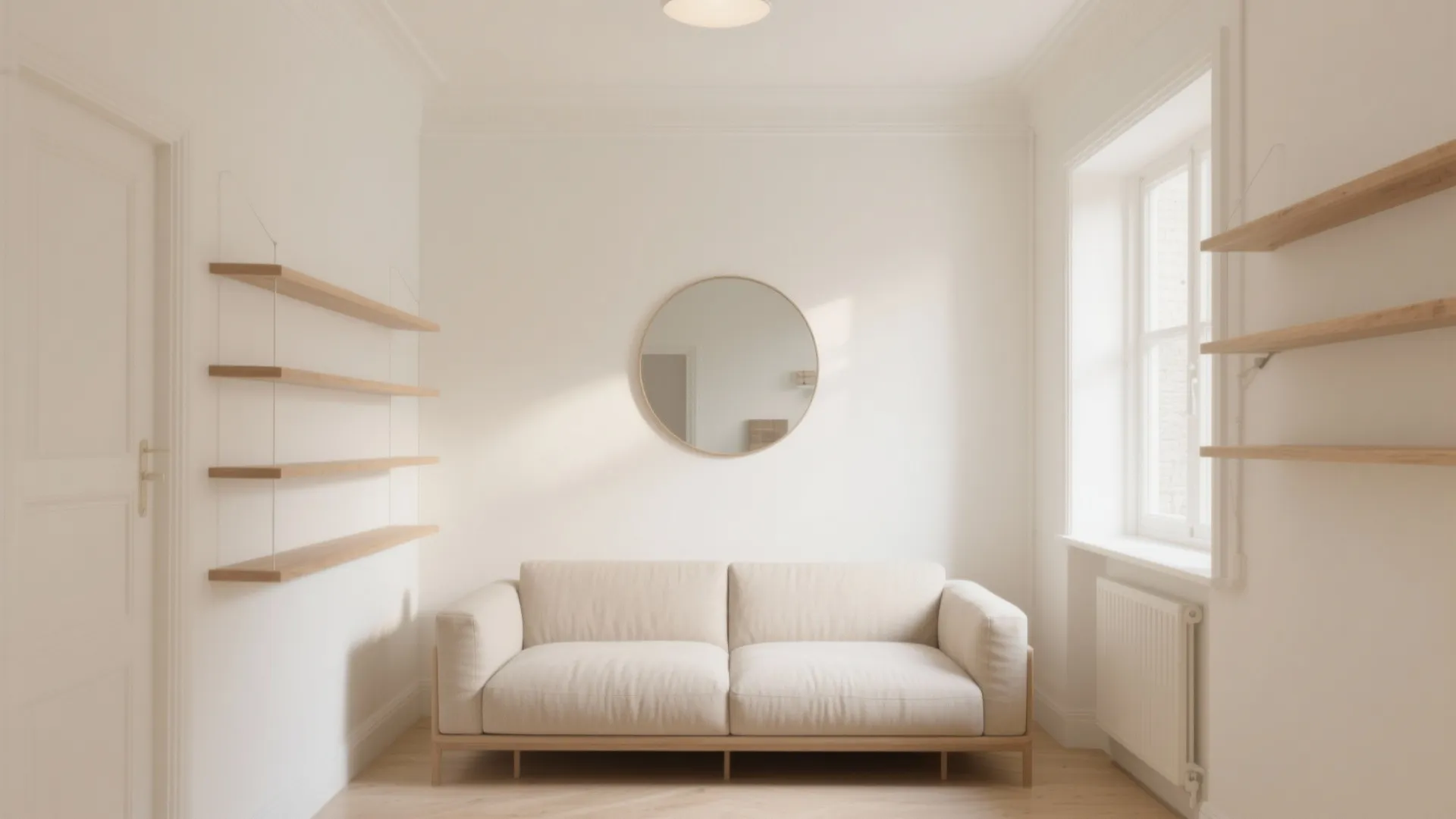 Minimalist white living room with beige sofa, round mirror, wooden floating shelves, and natural light