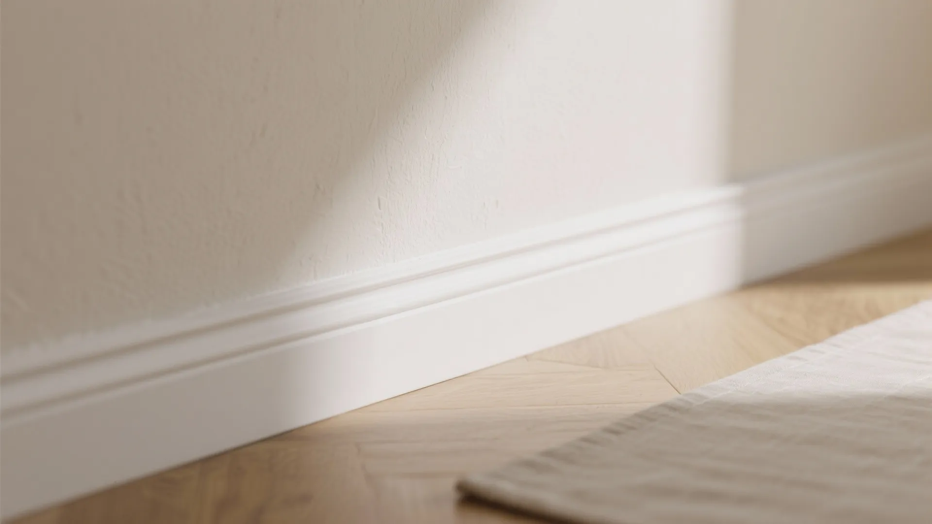 Macro of warm white wall and cool-white trim showing subtle undertone and texture.