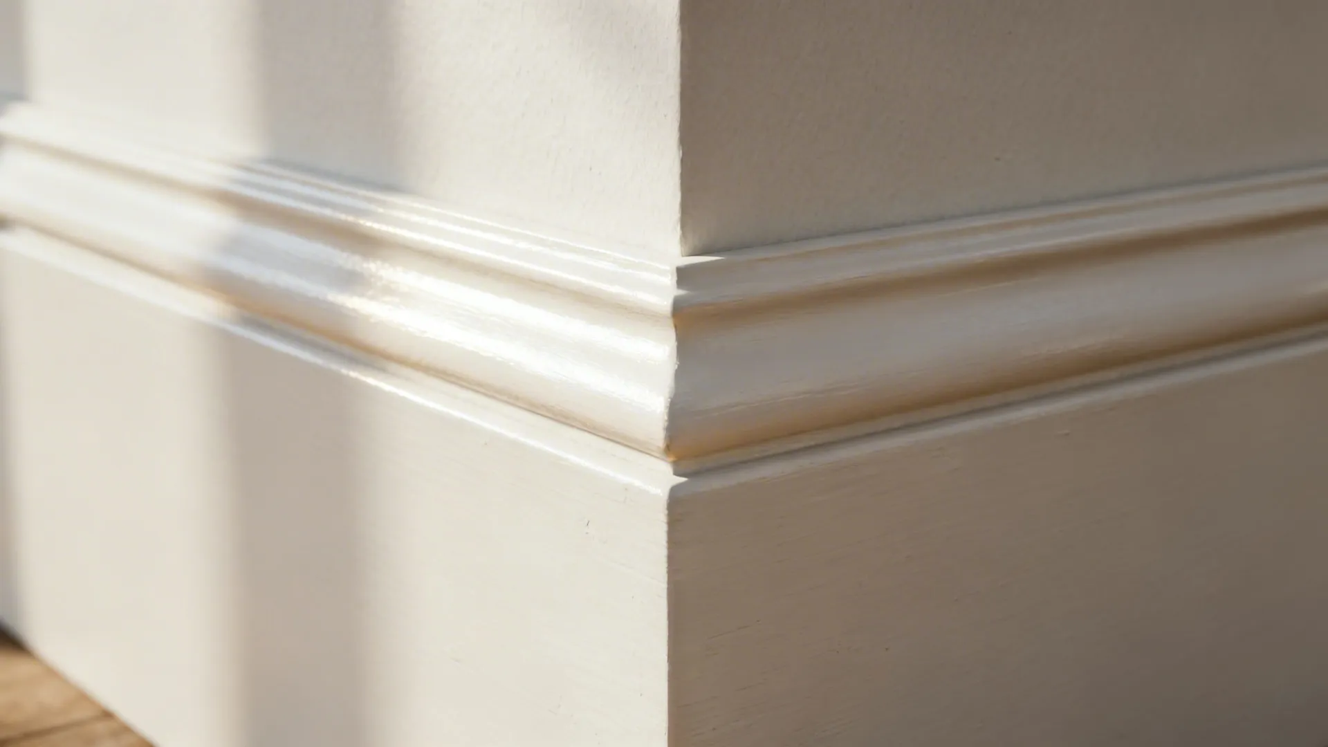 Macro of warm white wall and trim showing subtle sheen difference.