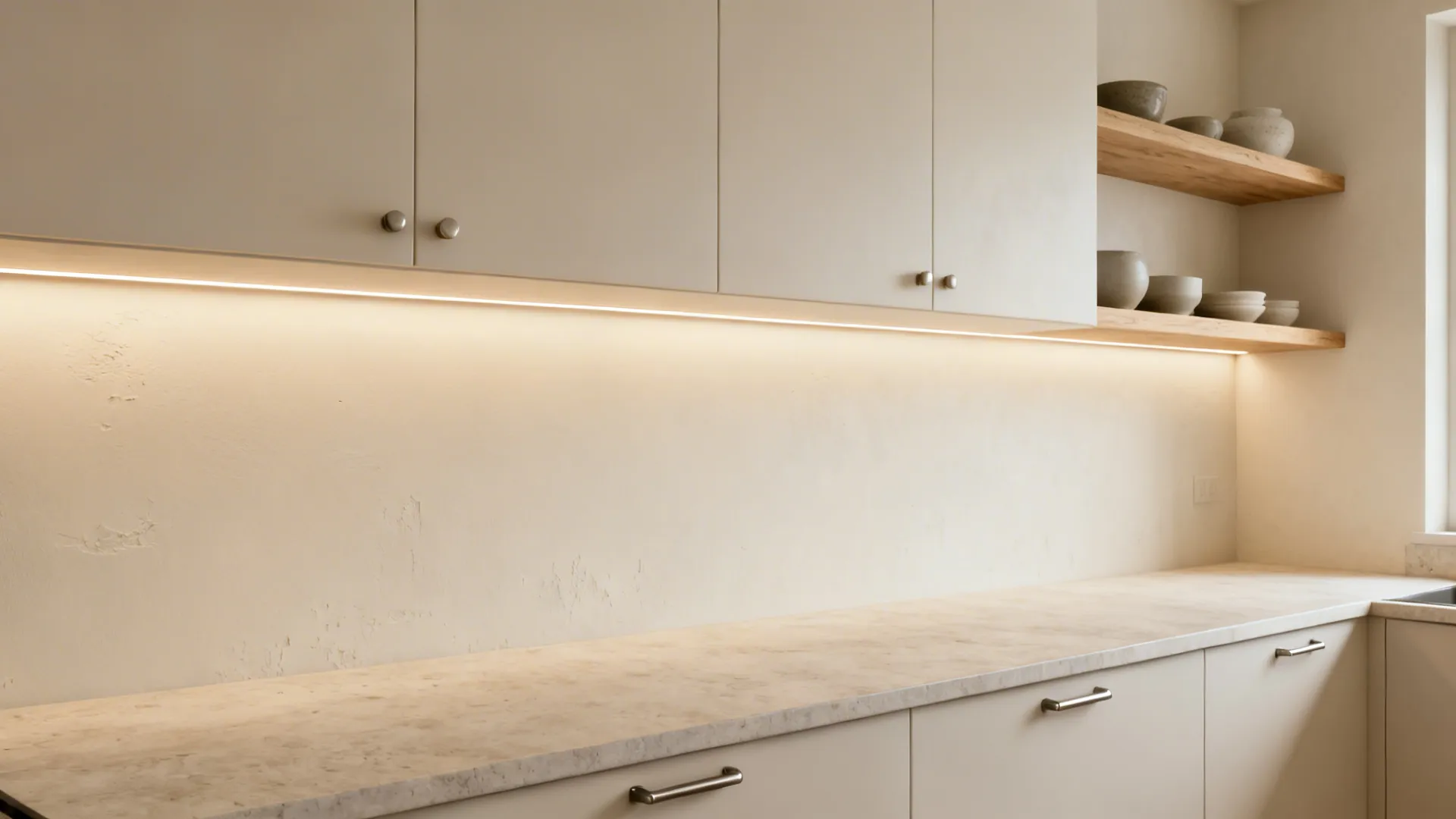 Warm white kitchen cabinets with stone countertop wooden shelves and light fixture under the wall