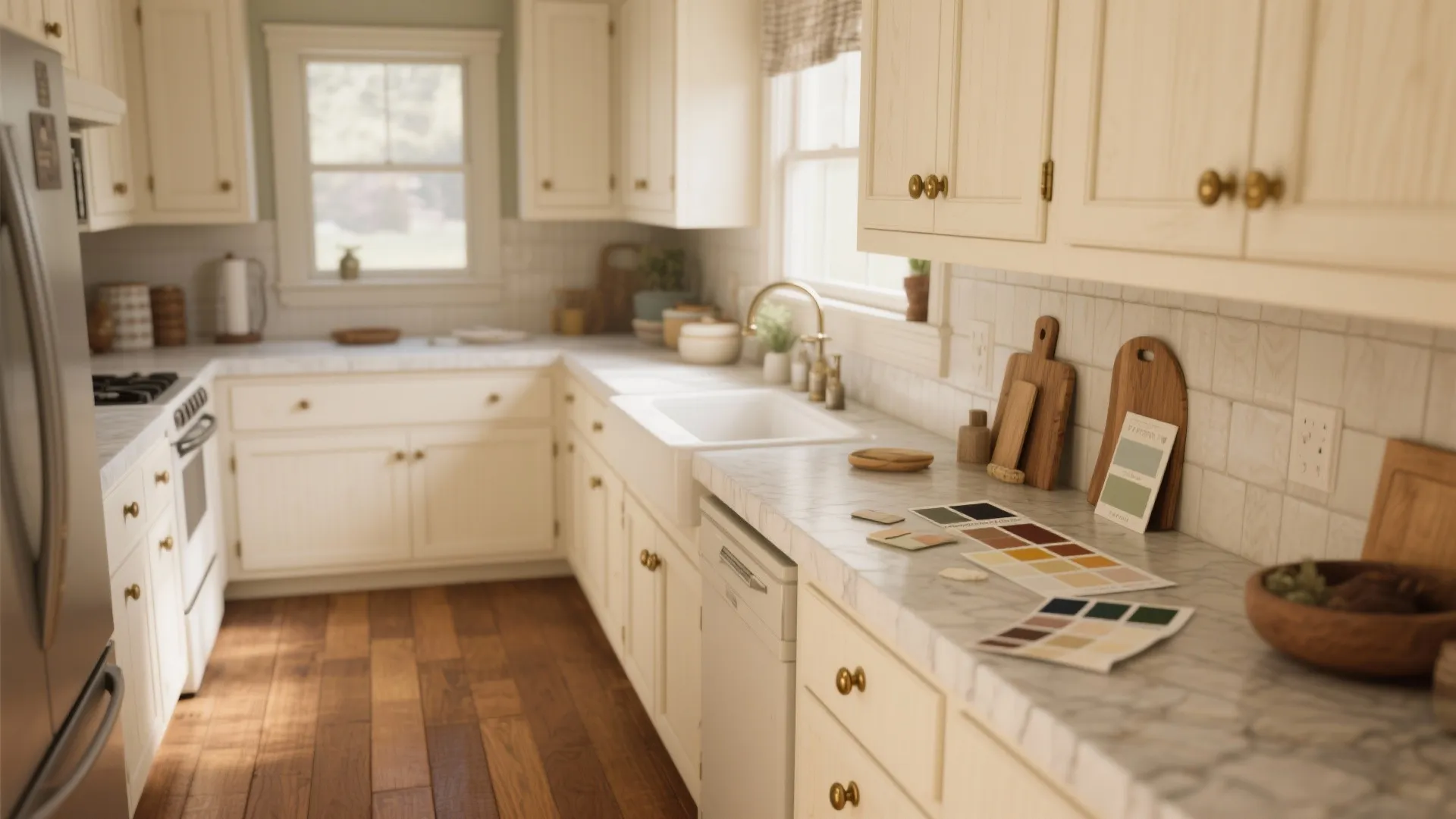 1. Warm white cabinets + medium oak floors for a lived-in, timeless look