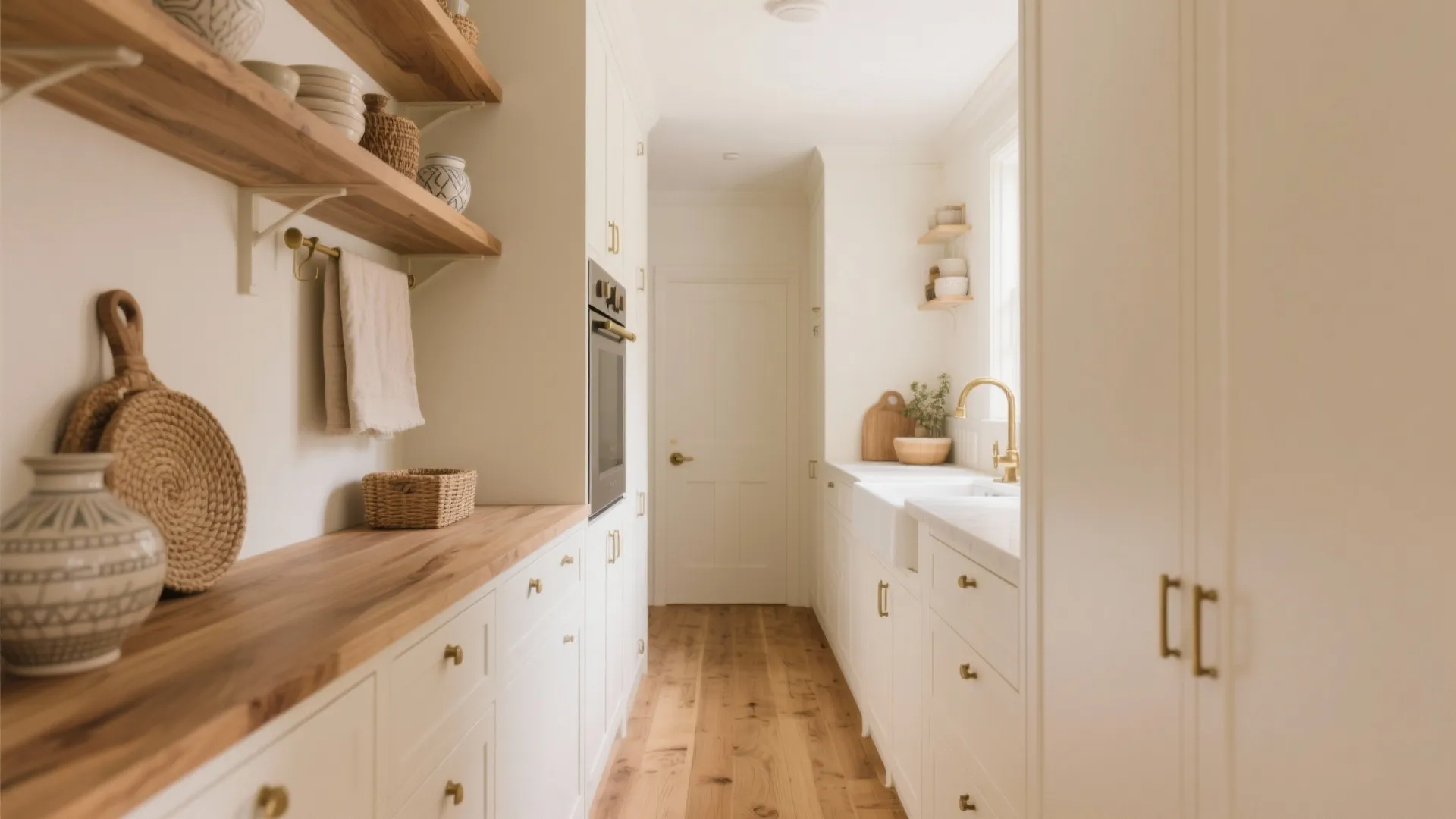 Narrow kitchen with white cabinets wooden counters gold faucet oven and open shelves on wood floor