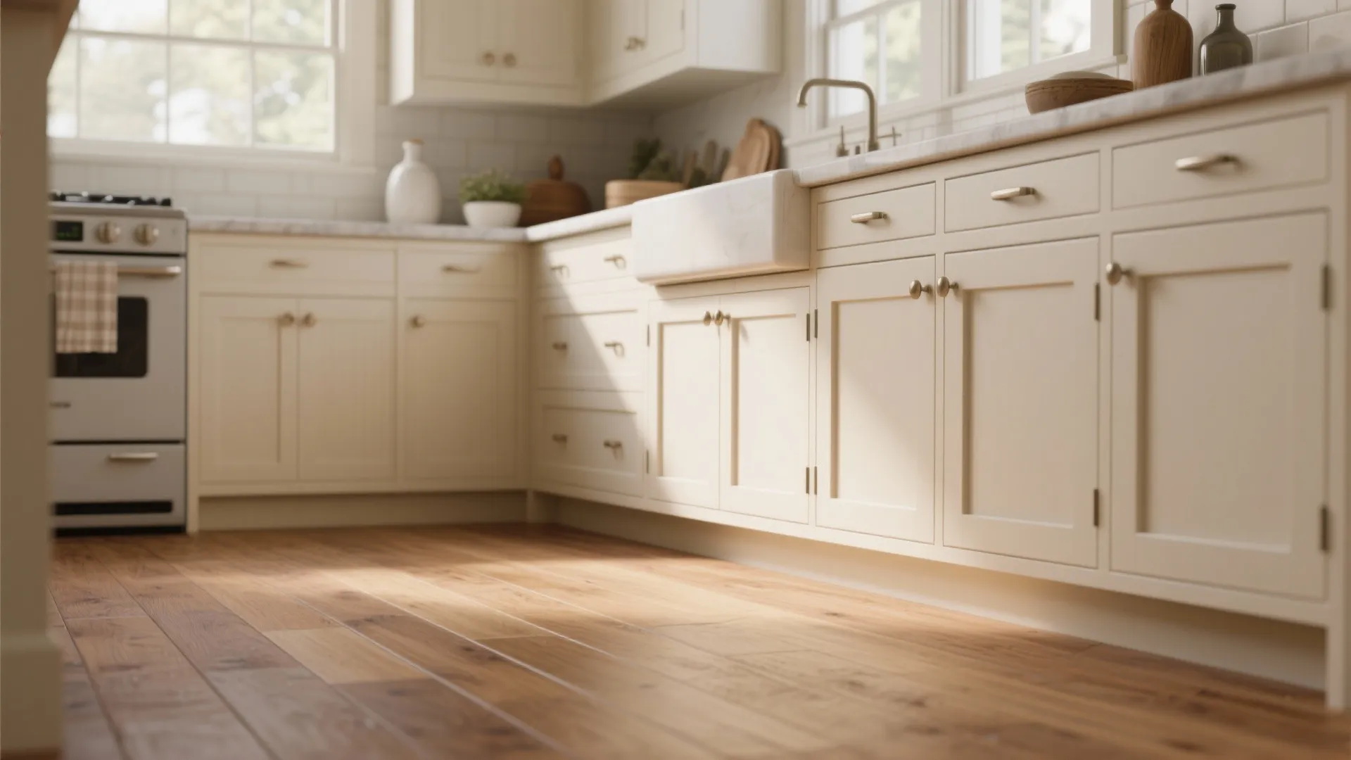 1. Warm white cabinets + mid-tone oak floor