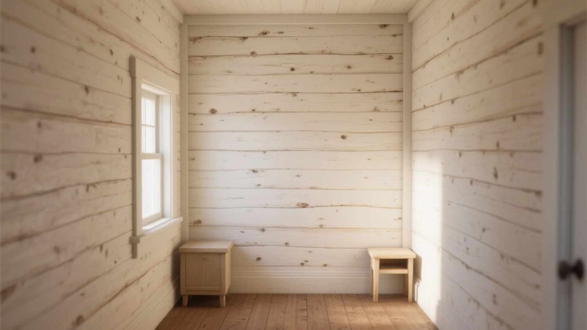Empty room featuring white horizontal wood wall panels with a small window and wooden floor