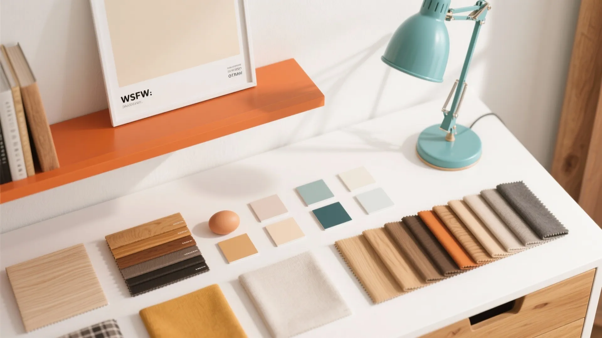 Top-down flatlay of warm white paint sample with burnt orange shelf swatch, turquoise lamp and finish chips.