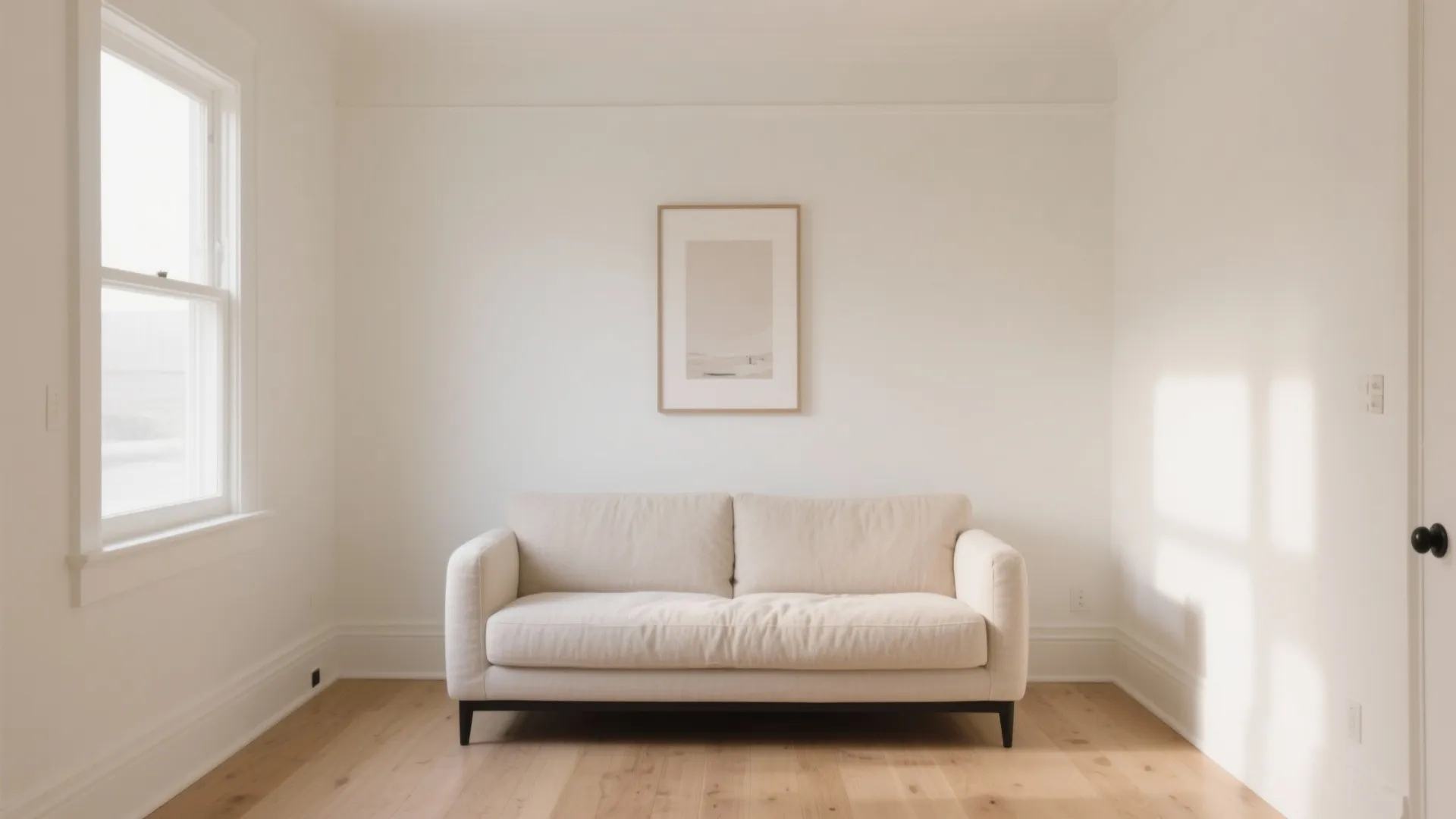 Minimalist white living room with a cream sofa wooden floor and framed art on wall