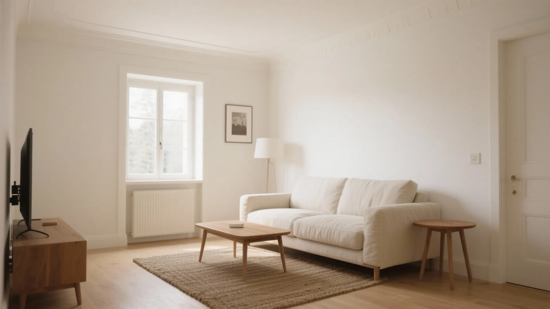 Small living room with creamy off-white walls and diffused daylight that feels bright and cozy.