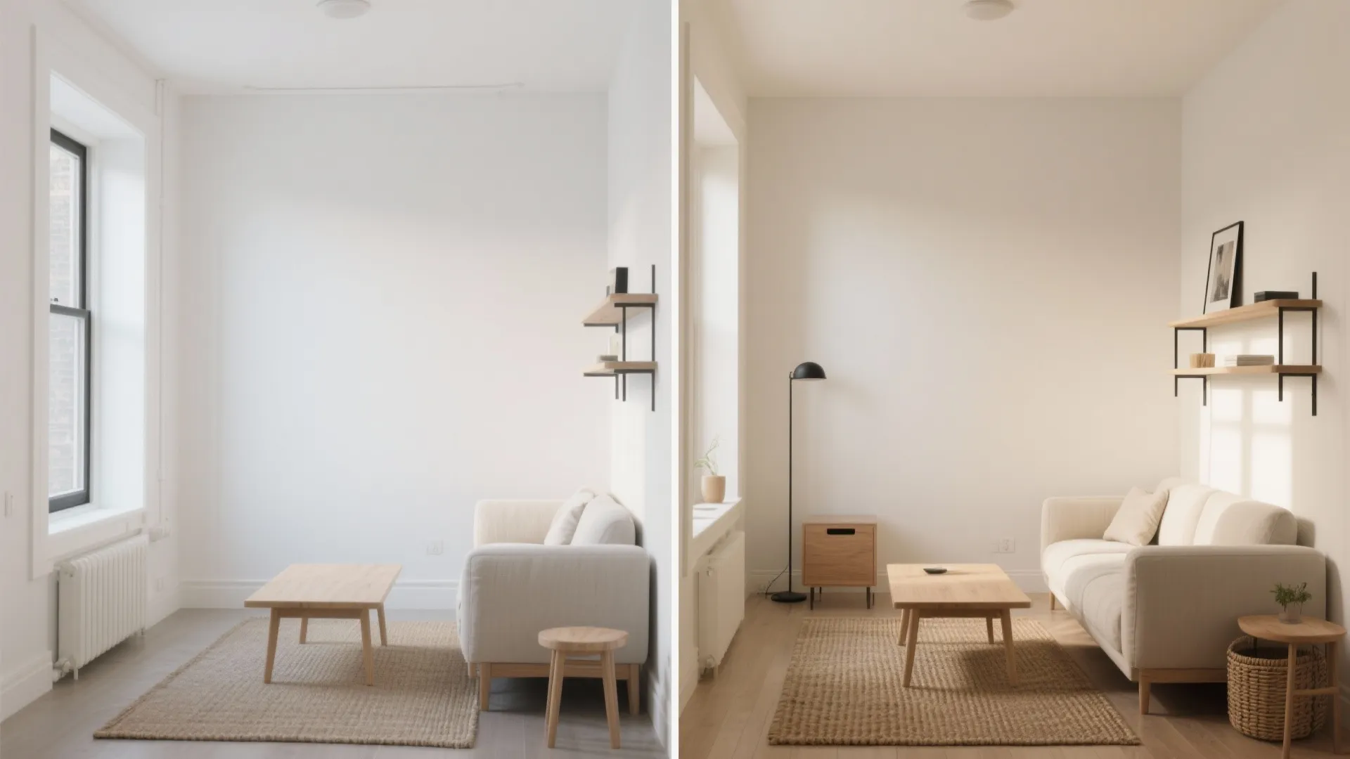 Comparison of living room lighting showing cool white versus warm white interior design and furniture