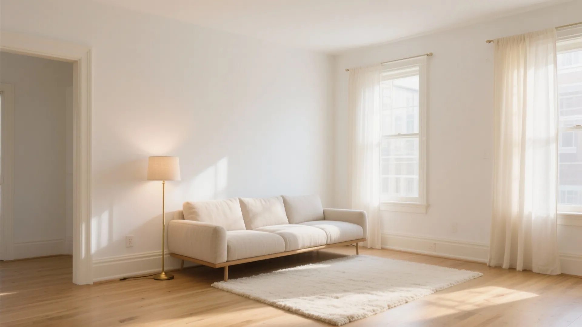 Bright small studio with warm white walls and creamy trim glowing at golden hour.