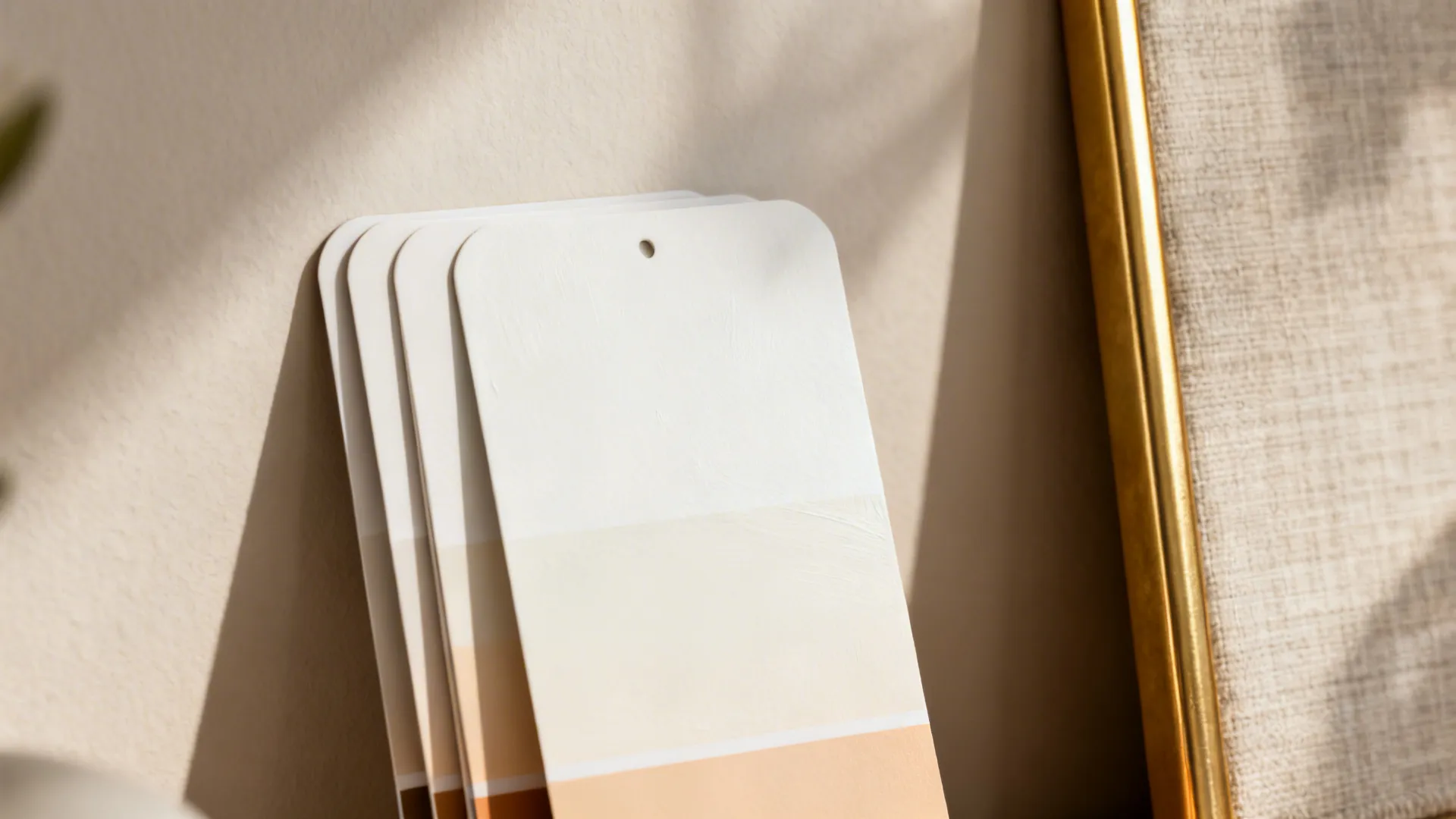 Warm white paint swatches and fabric samples showing eggshell texture and gold accent