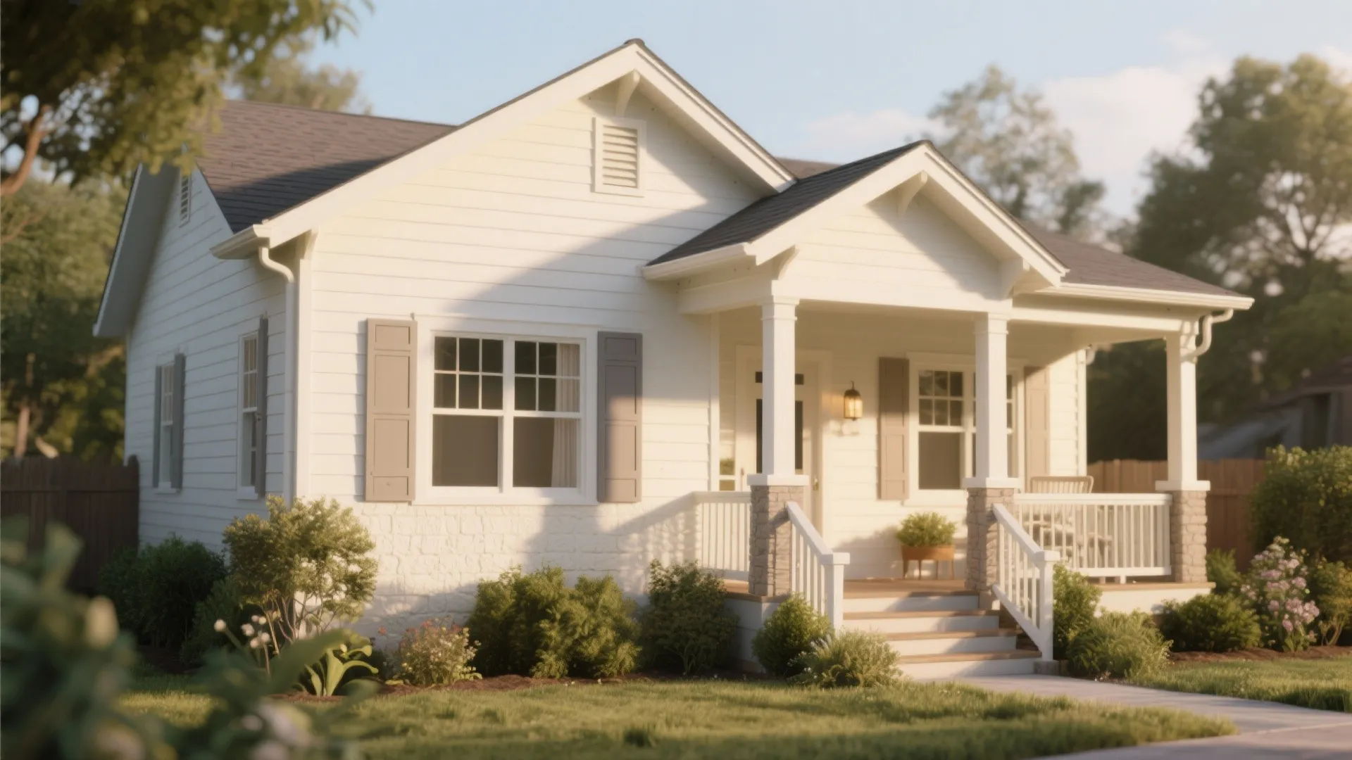 Bungalow with warm creamy white siding and soft taupe trim surrounded by landscaping.