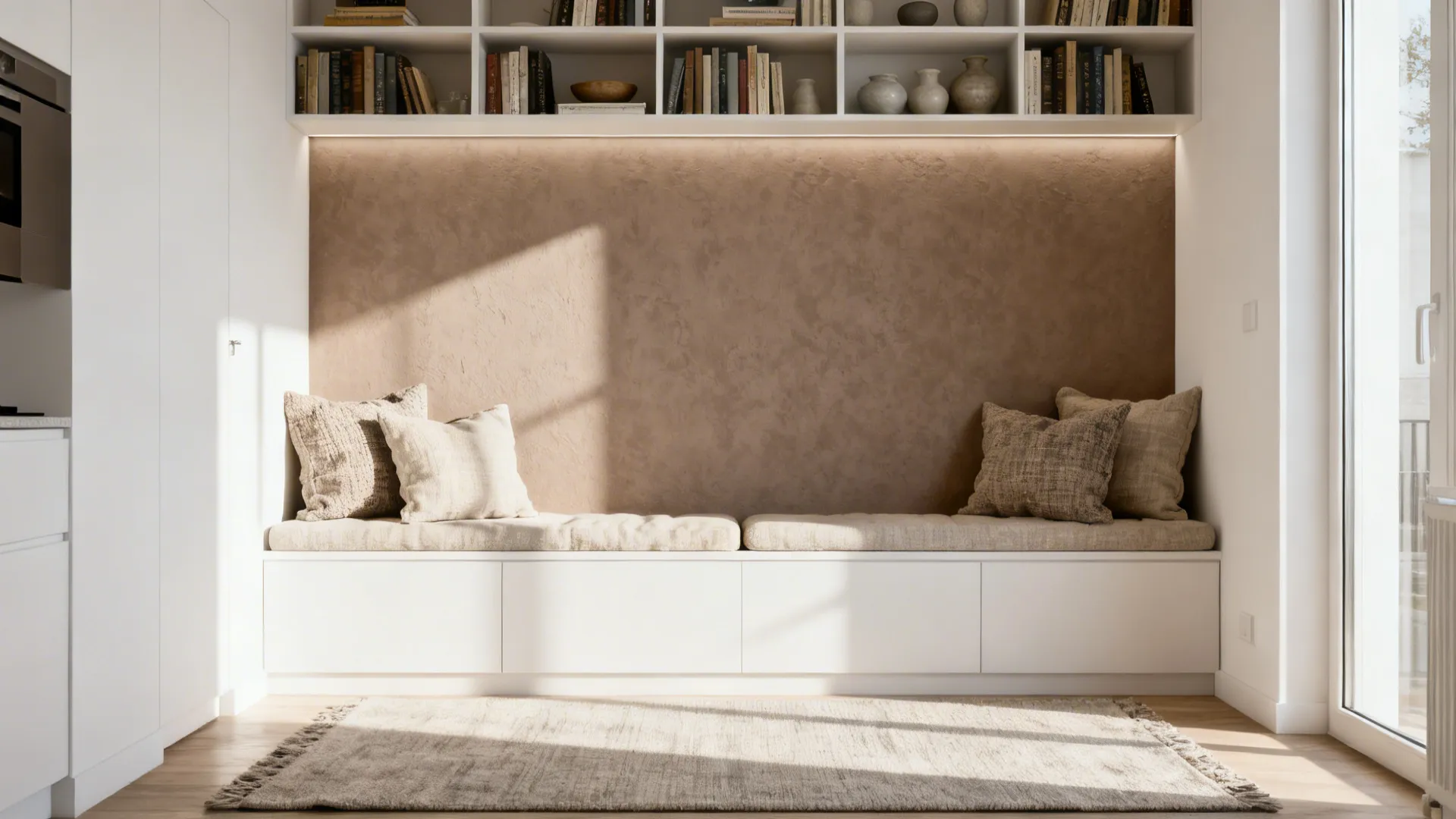 Compact living area with soft warm white walls and a taupe accent wall behind shelving, bright and textured.