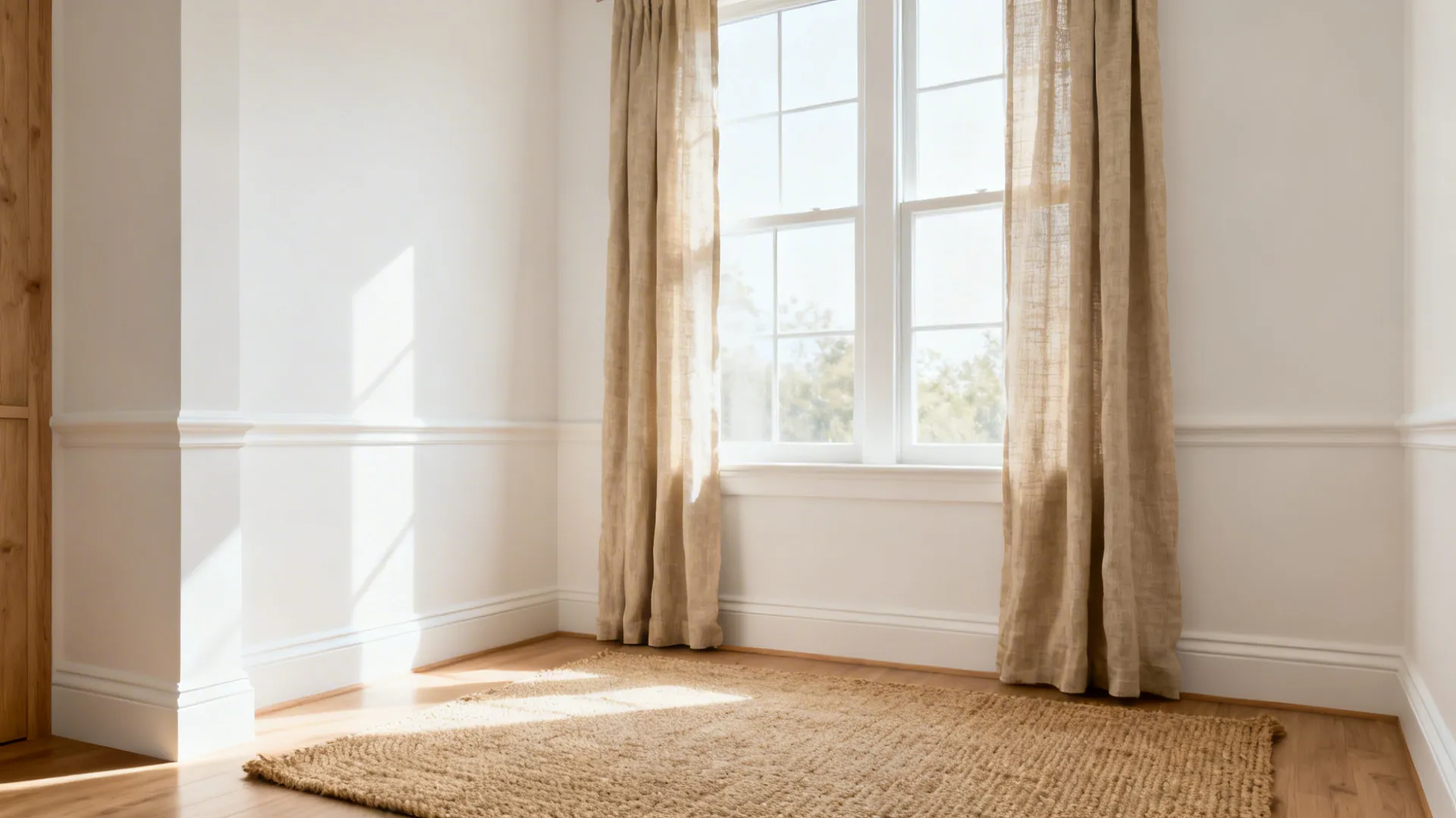 Warm white living room with tone-on-tone trim, linen curtains, and a jute rug in soft daylight.