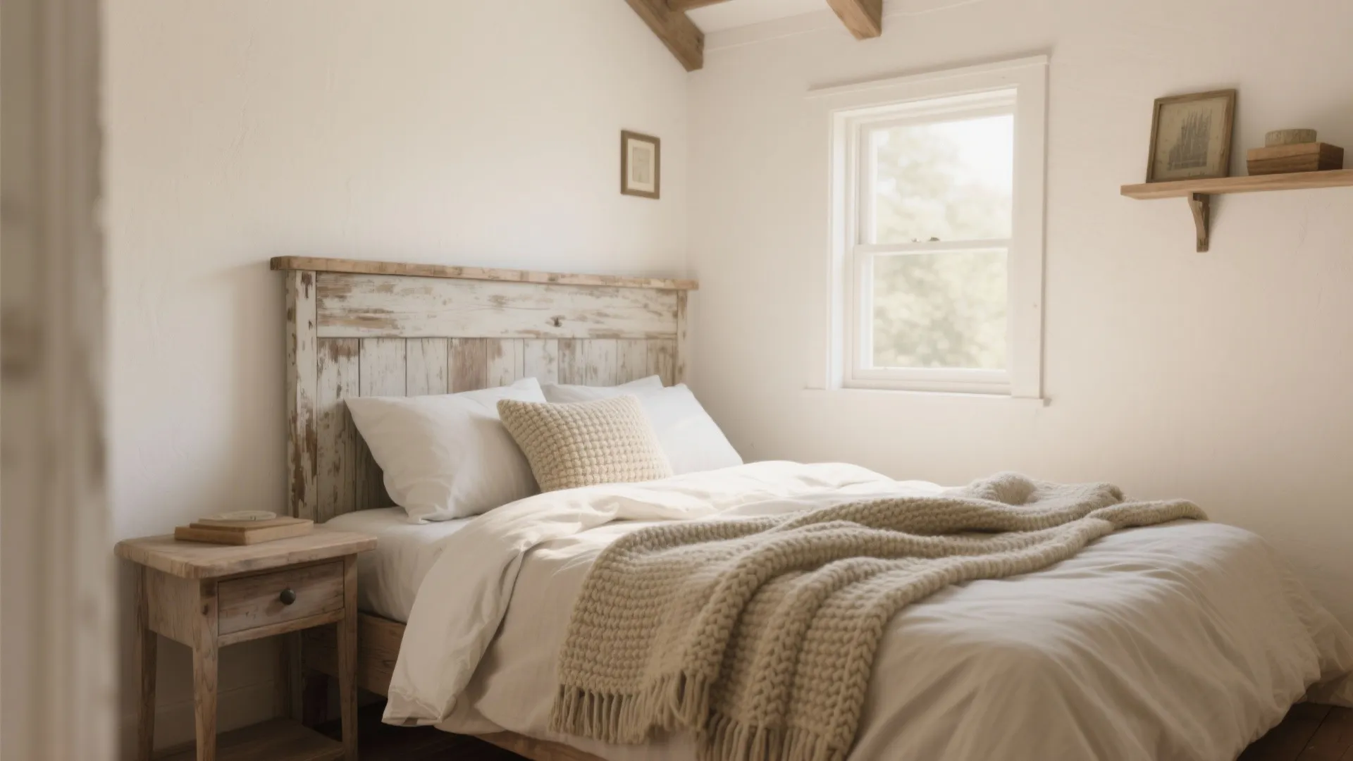 Rustic white bedroom with wood headboard bedside table white bedding knitted blanket and natural light