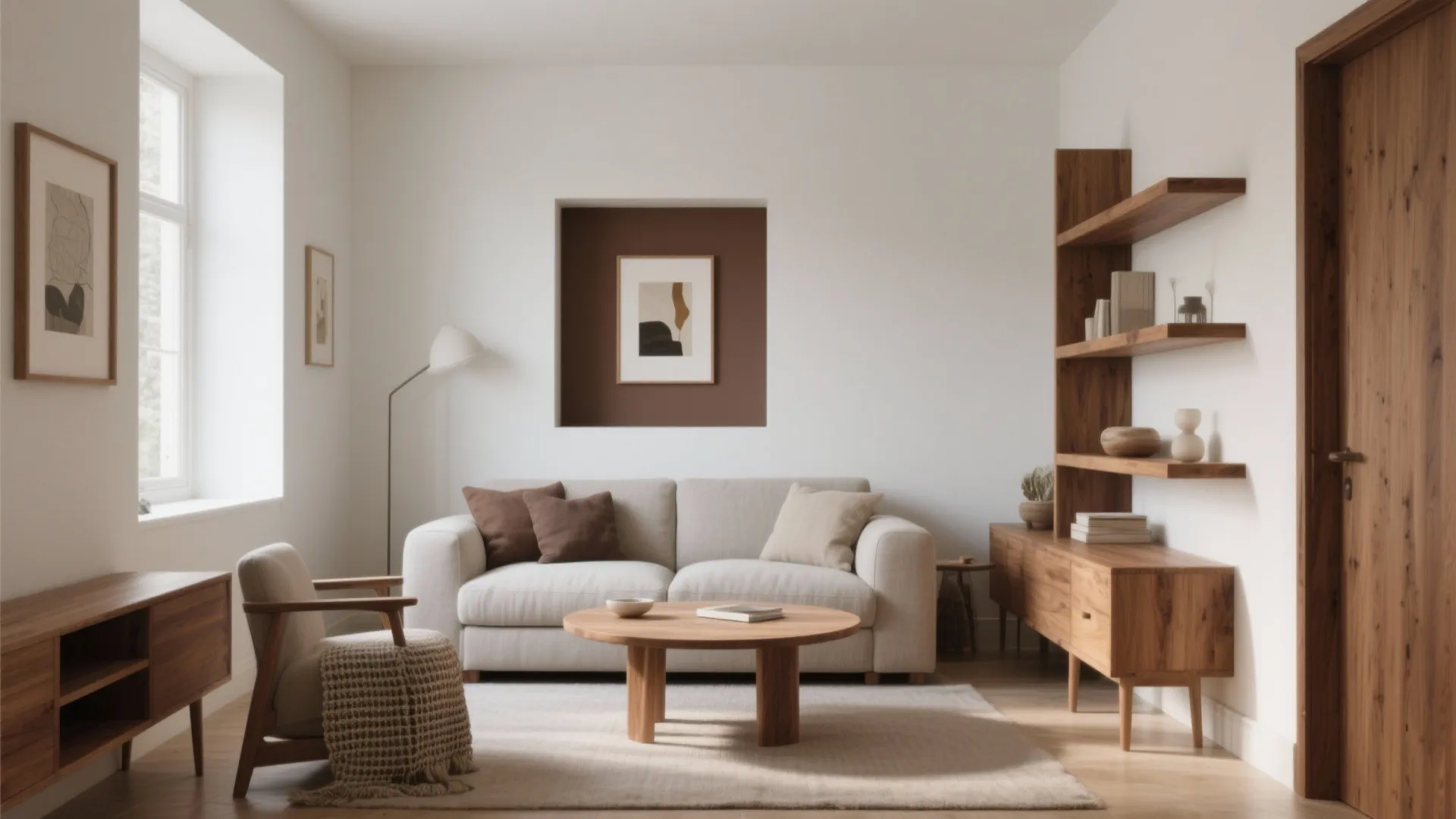 Minimalist living room with beige sofa round wooden table wall shelves and brown accent niche