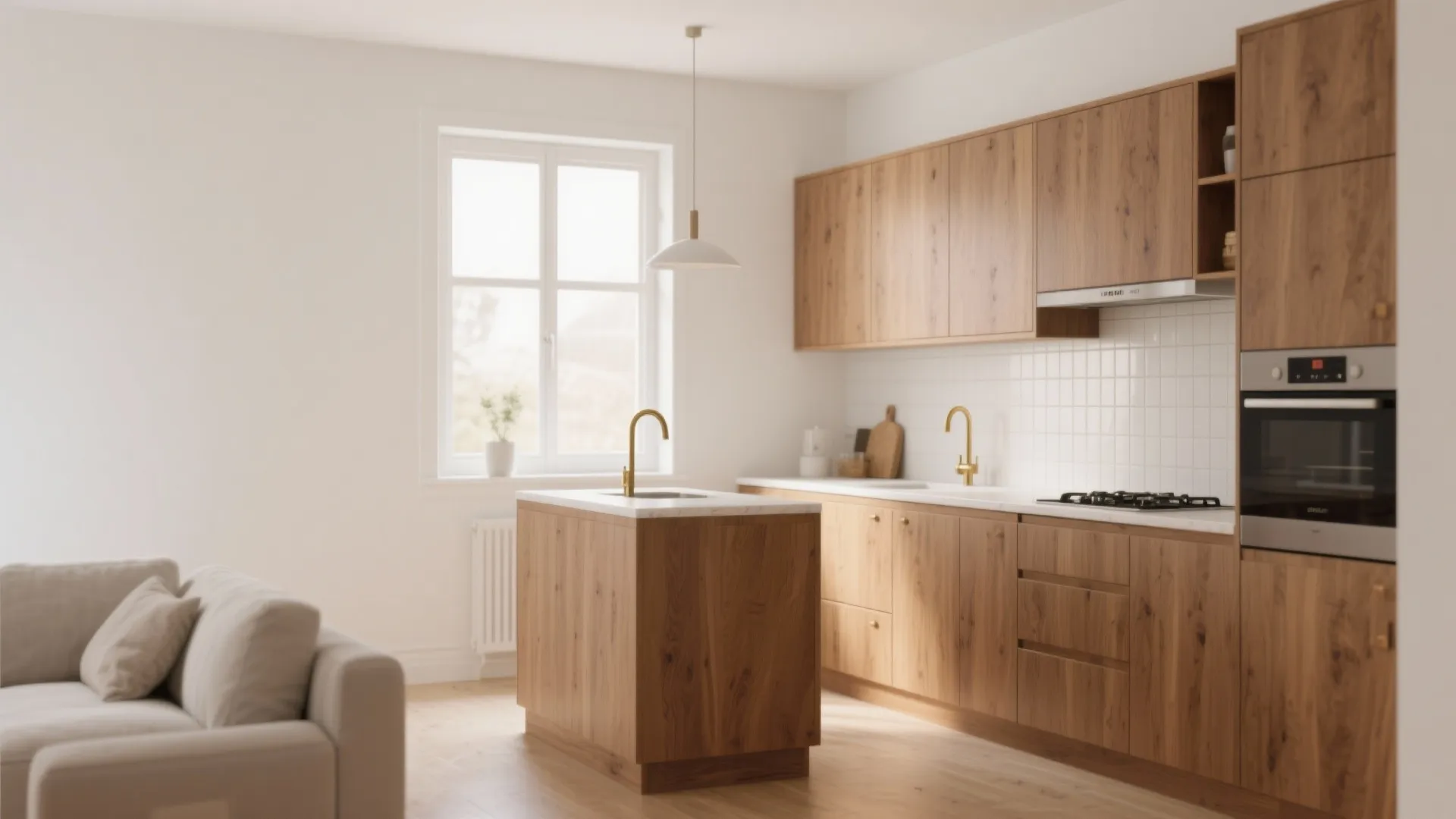 2. Warm White with Wood Accents