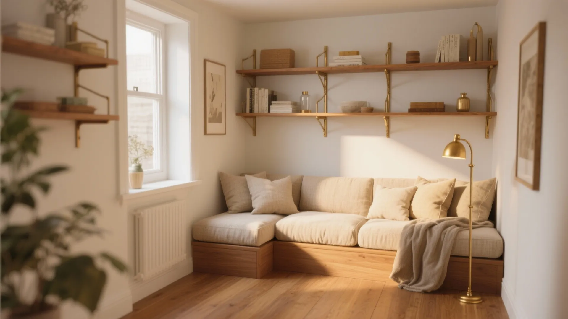 Cozy living room with cream sofa wooden shelves floor light warm sunlight and wood flooring