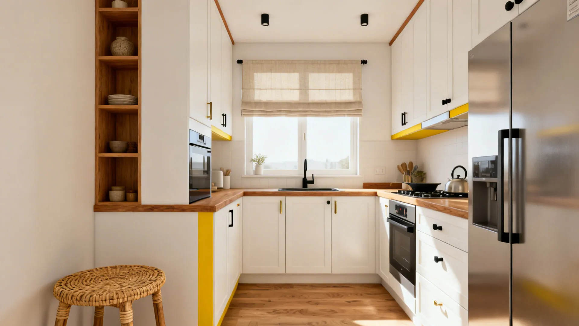 Warm white cabinets with oak accents and woven textures in a small kitchen.