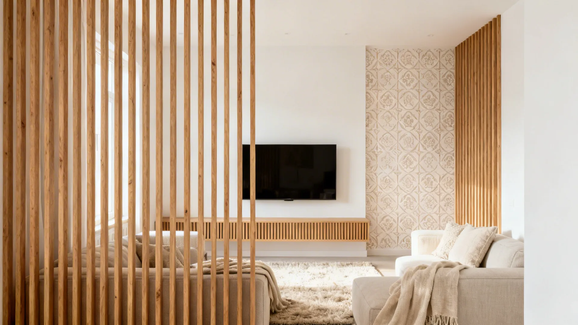 Warm white living room with thin oak battens and tone-on-tone patterned wall.