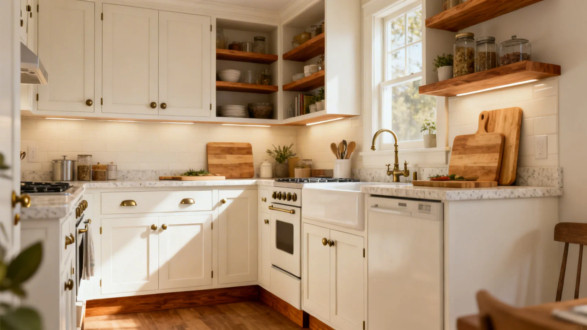 Warm white kitchen with oak accents and brass hardware that feels bright and inviting.
