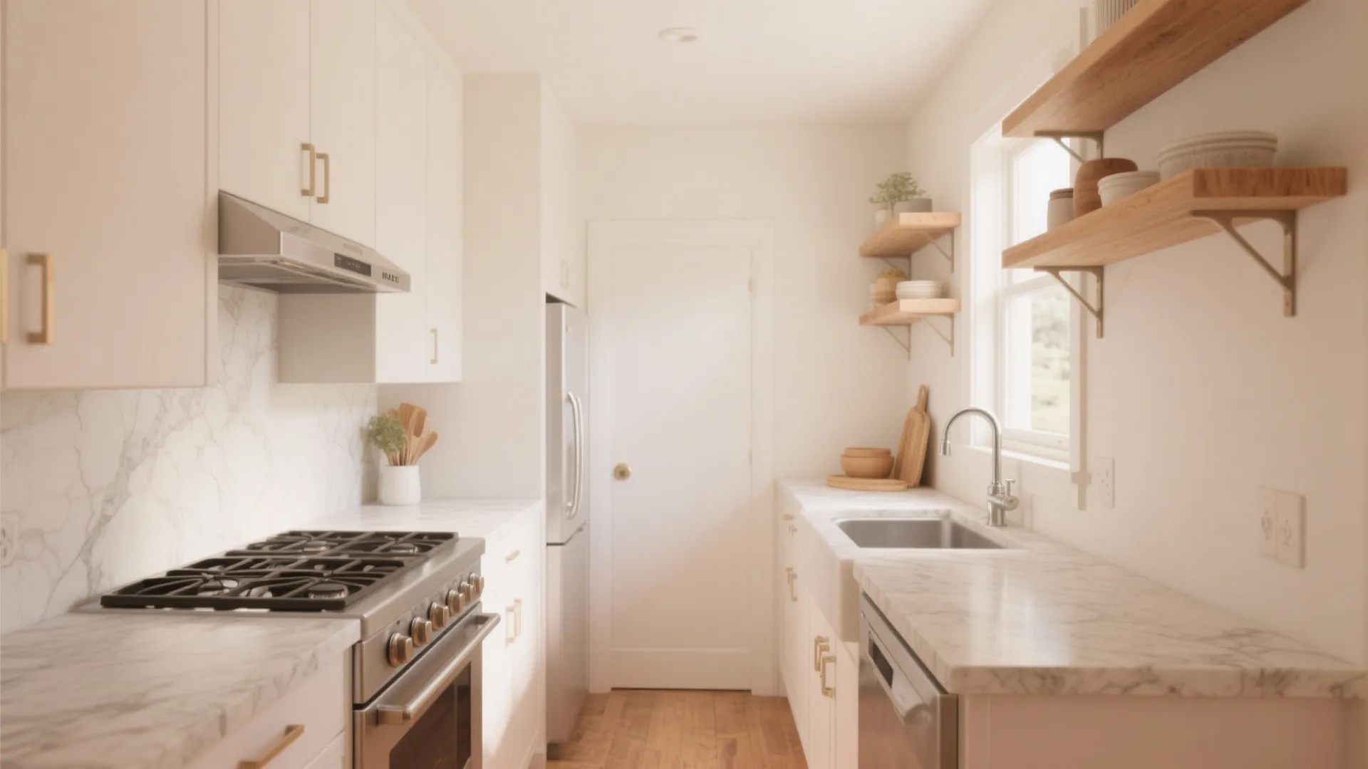 Bright white kitchen interior design with marble countertops wooden floors open shelving and stainless steel oven