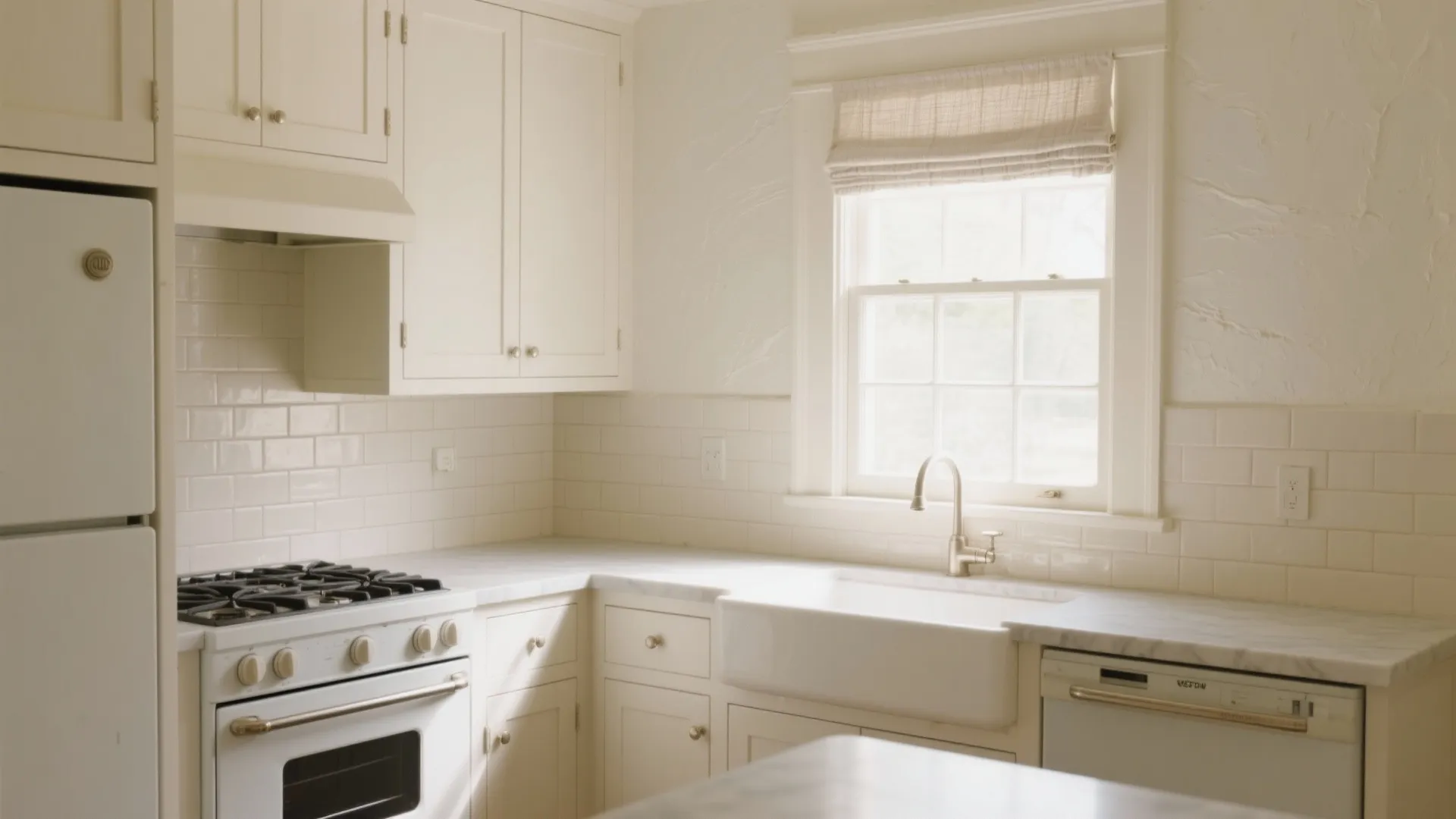 Warm white kitchen featuring cream cabinets gas stove white sink tiled walls and bright window