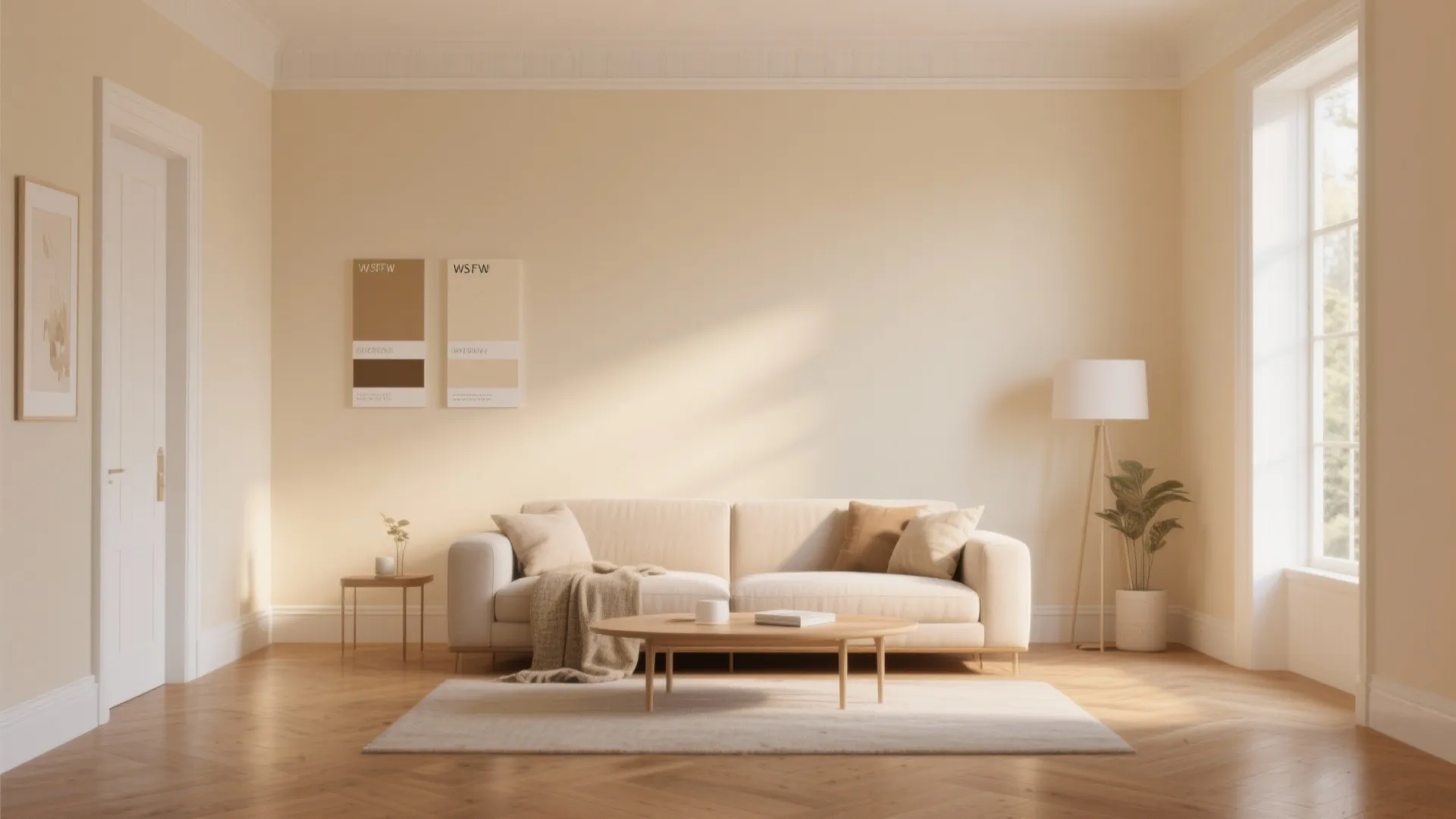 Living area painted warm cream with two-foot paint swatches and white trim under soft daylight.