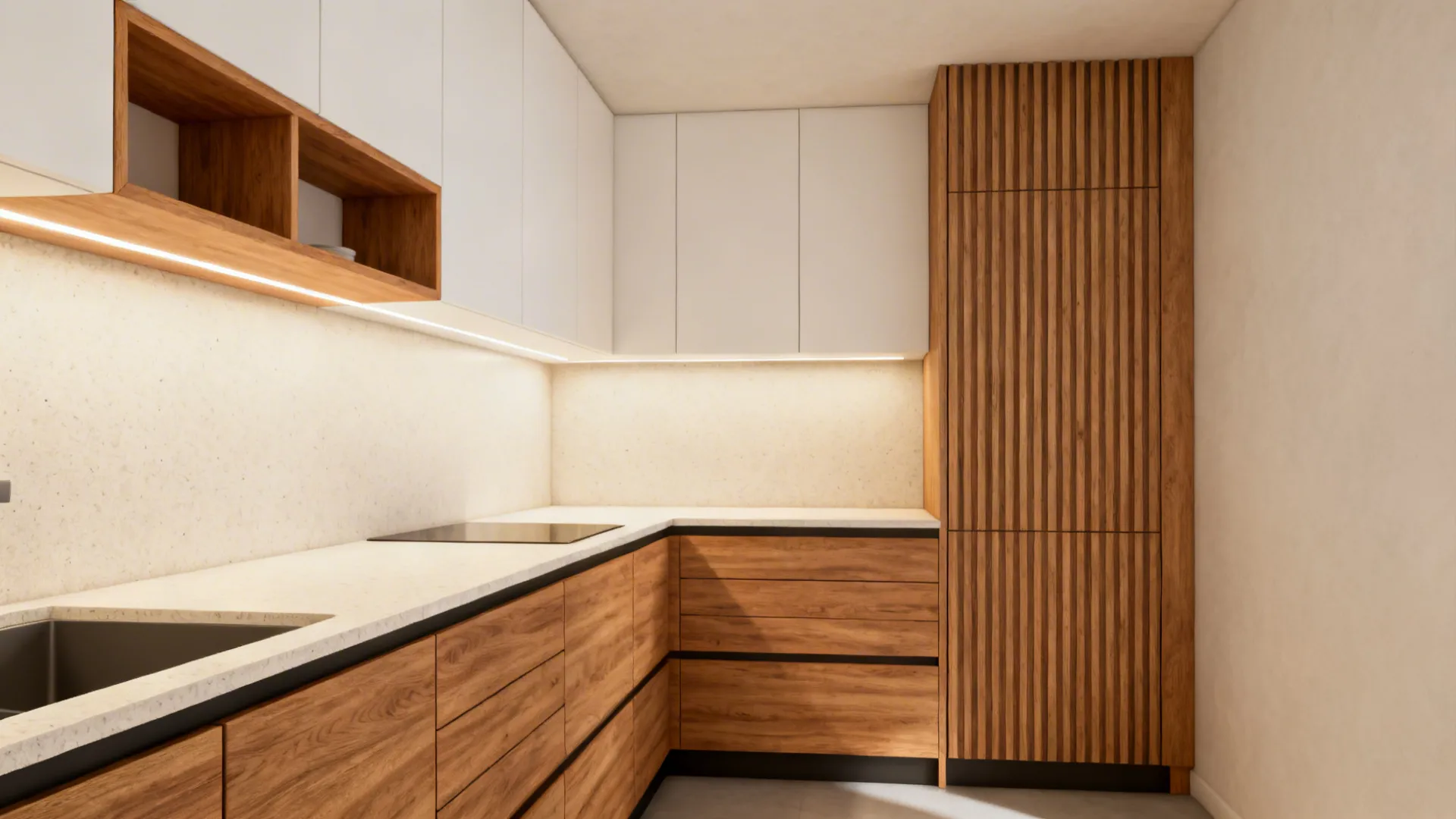 Light wood base cabinets with soft white uppers and a wood-framed shelf in a 10x7 kitchen.
