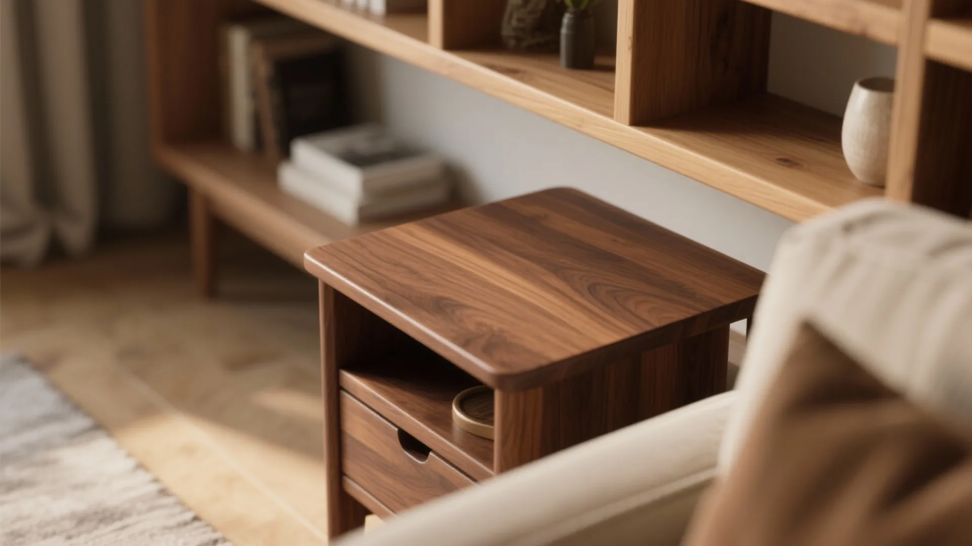 Close-up of a dark wooden small side table with a drawer next to a sofa