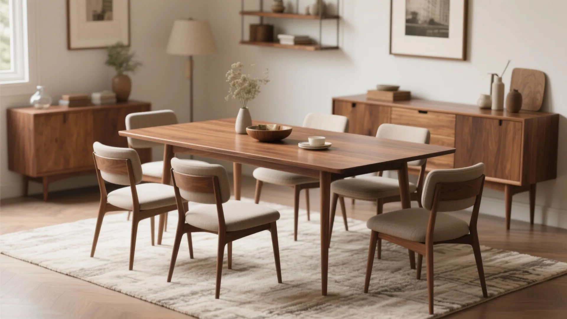 Modern dining room featuring wooden table six chairs two cabinets large rug and white walls