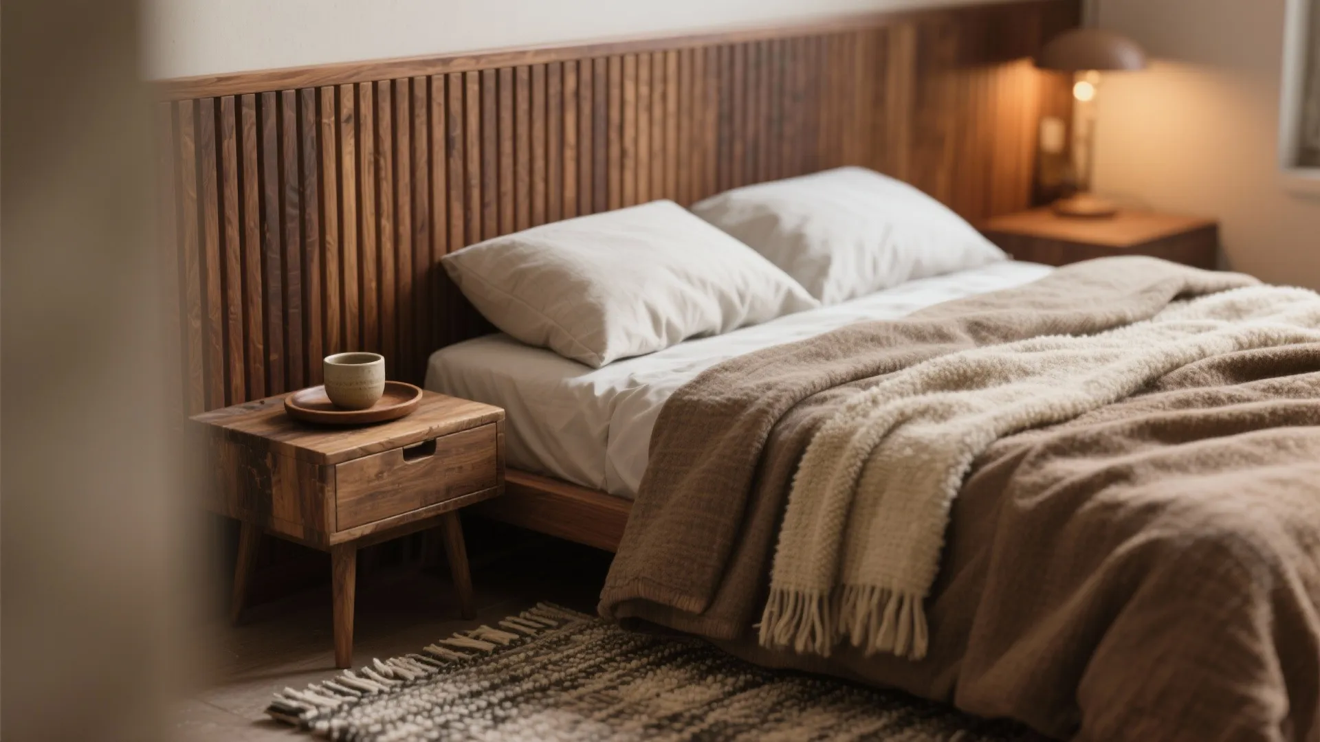 Warm wood tones and layered textures