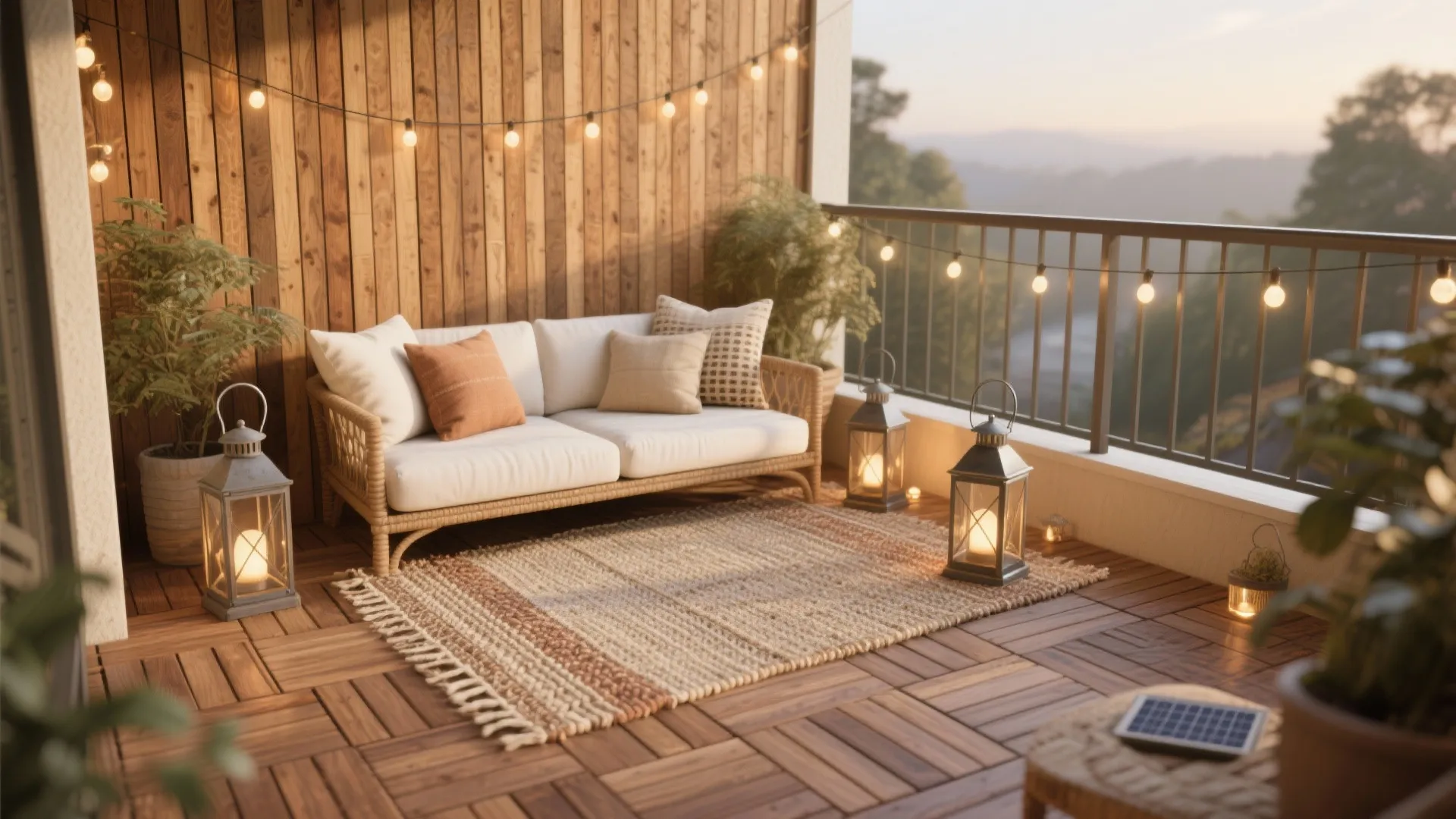 Cozy balcony at sunset with wicker sofa, string lights, floor lanterns, rug, and wood paneling