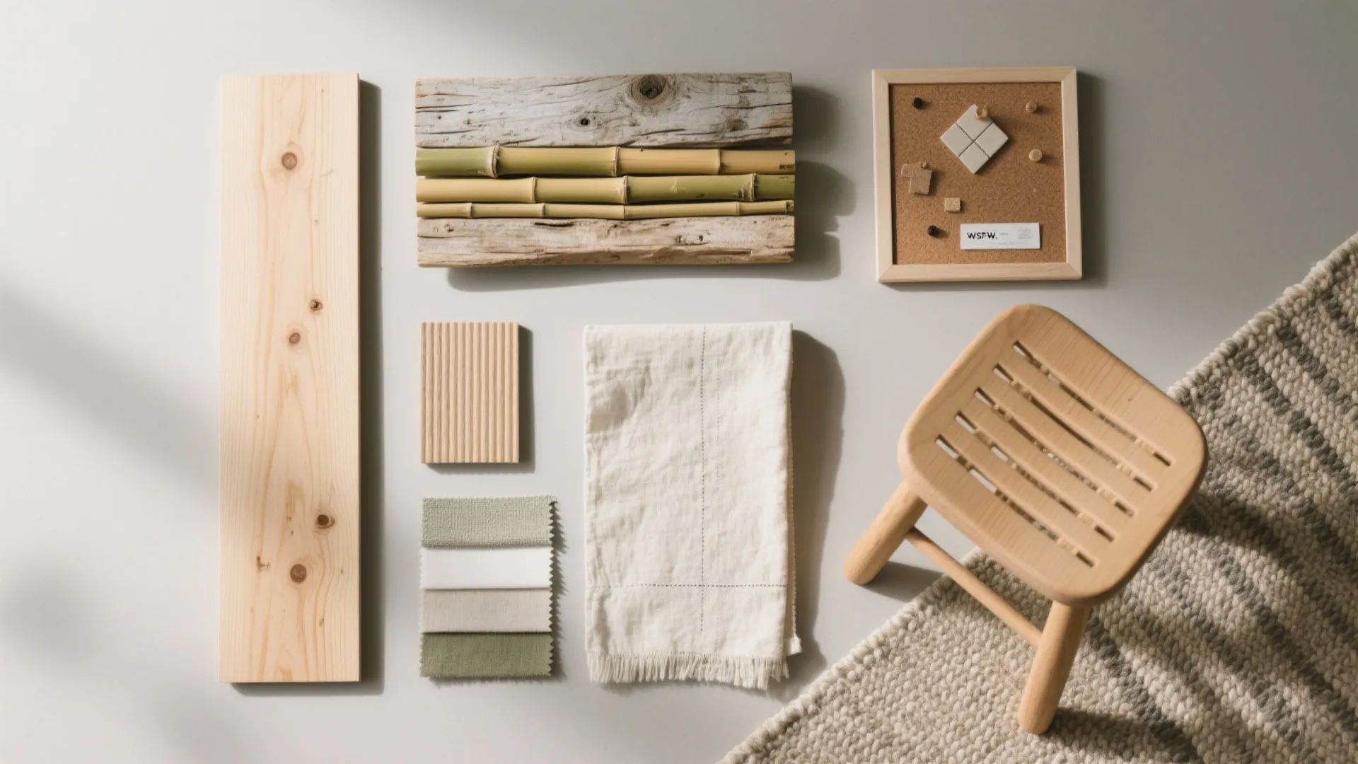 Collection of interior design materials featuring wood planks bamboo fabric swatches and a small stool