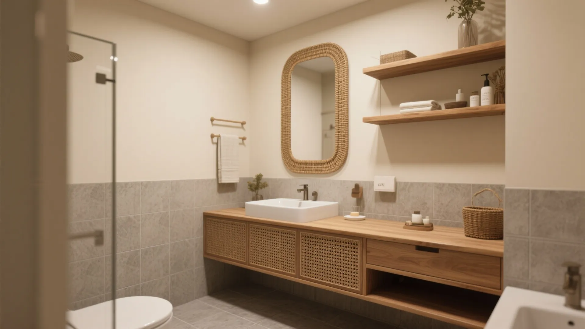 Natural bathroom design with wooden sink cabinet a woven mirror frame and light grey tiles