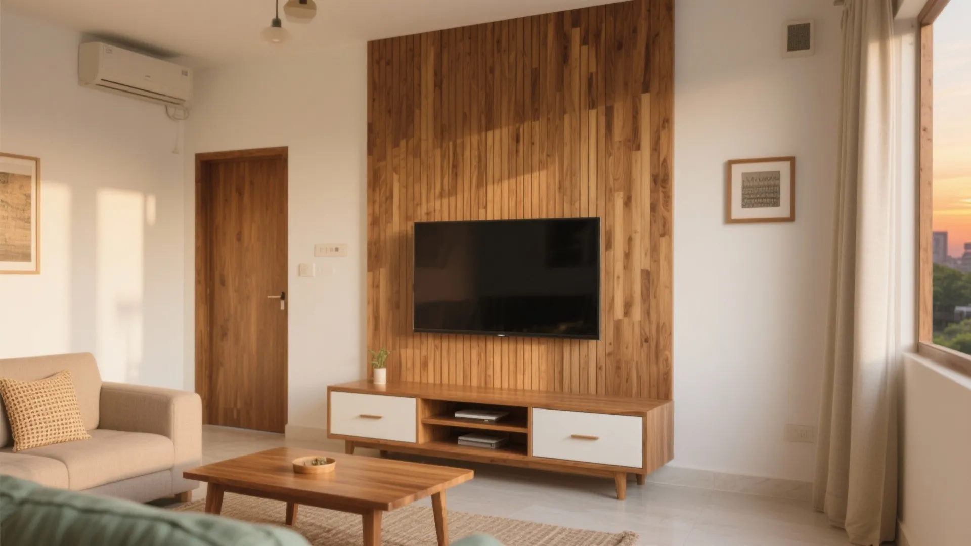 Warm wood accents to soften the compact plan