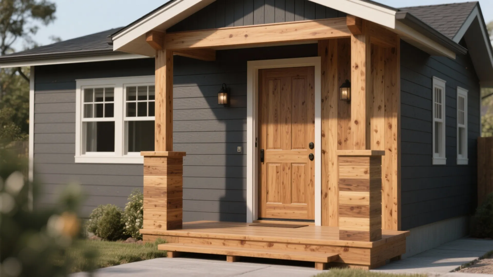 House entrance with warm wood pillars a wood door and dark grey siding in the sun