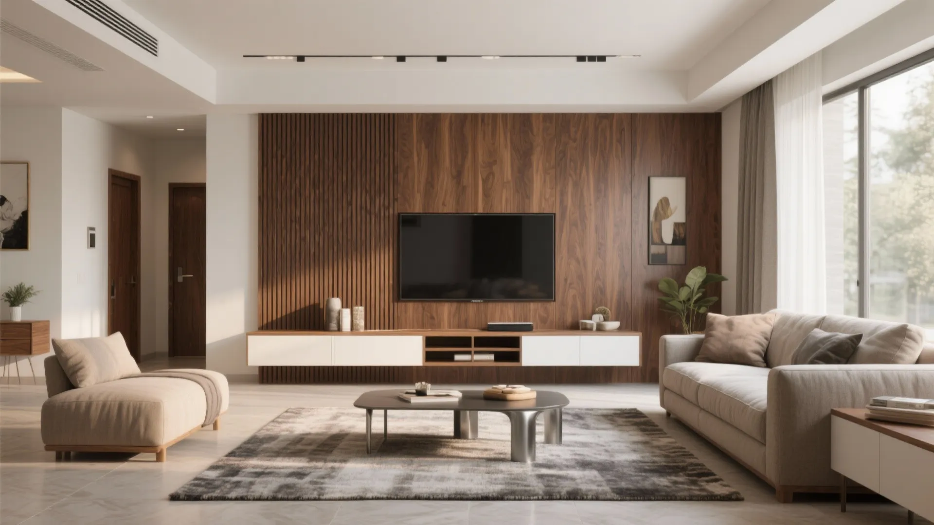 Warm wood accents for cohesion and acoustics