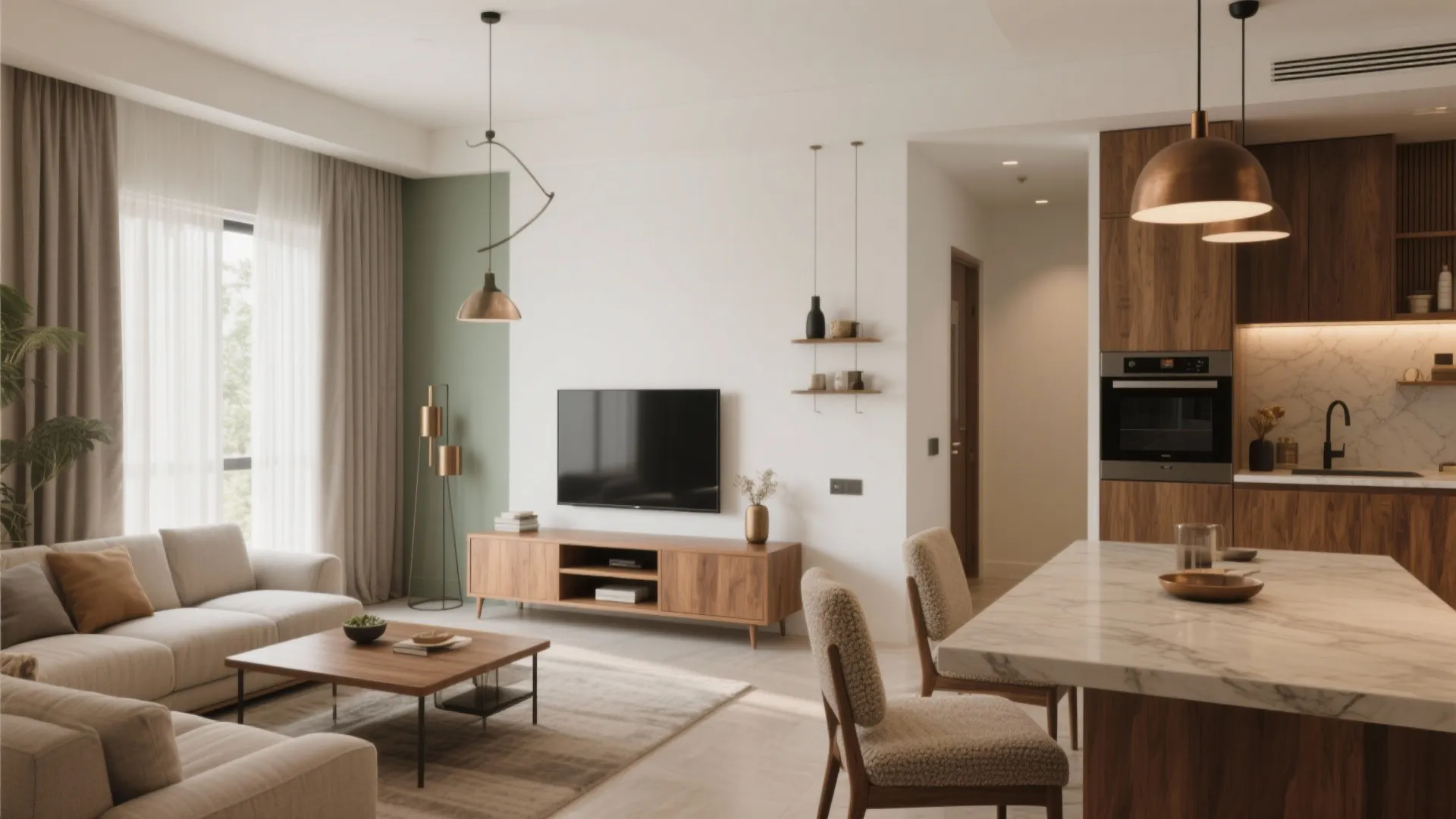 Warm wood and a cohesive palette to tie rooms together