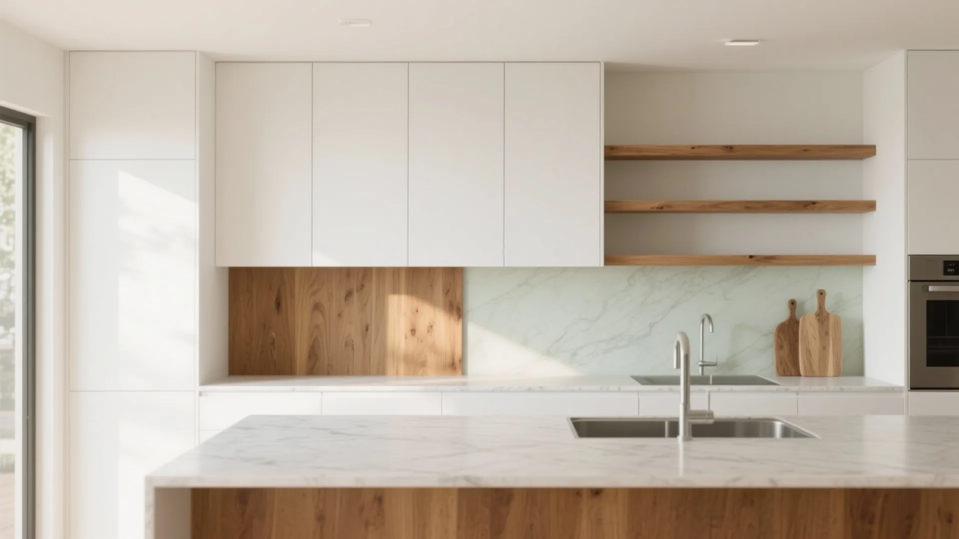 Modern white kitchen with wooden shelves marble island sink and light wood wall panel design