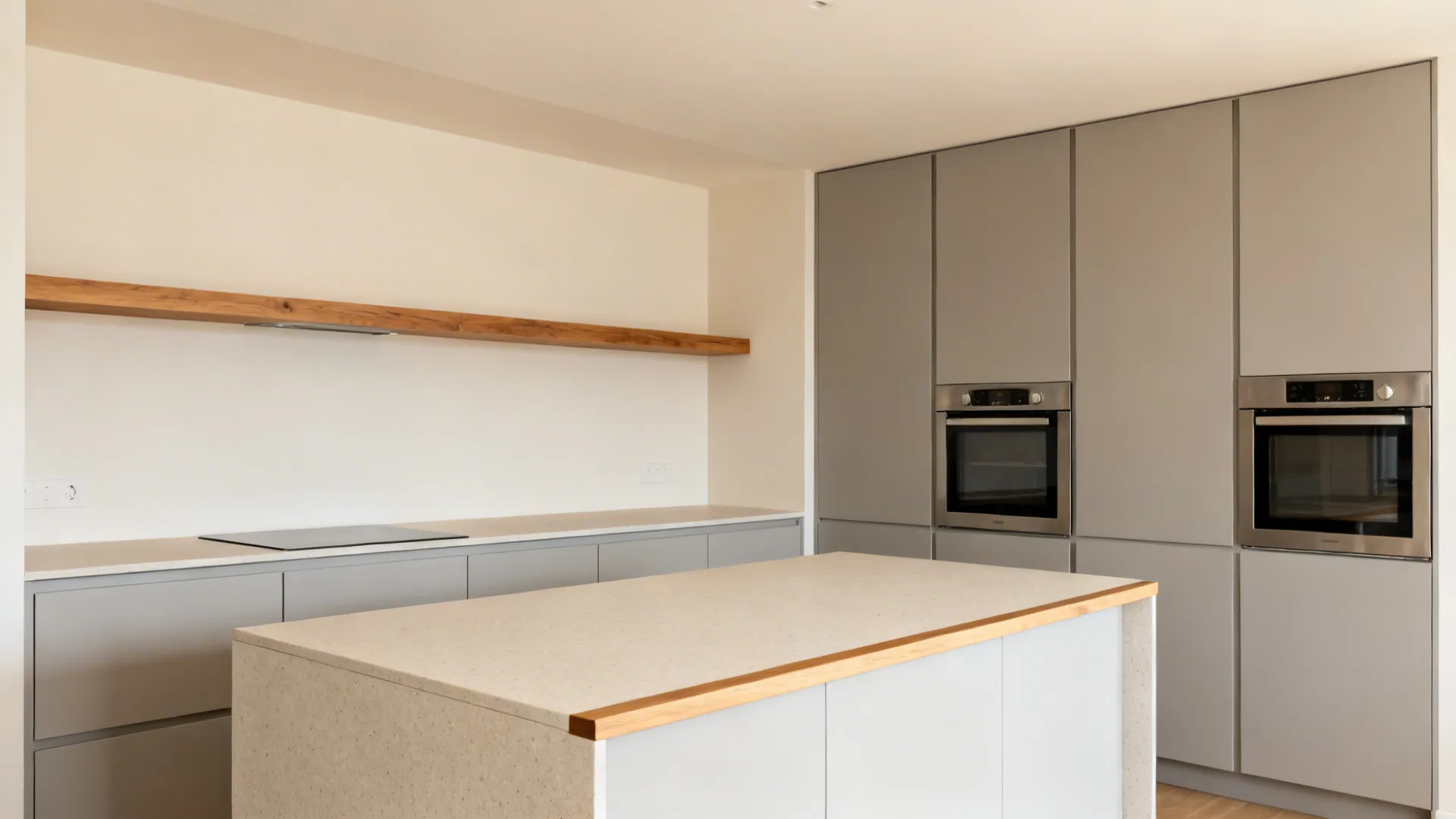 Scandinavian-inspired 4x4 kitchen with matte gray cabinets and rift-oak shelf and trim.